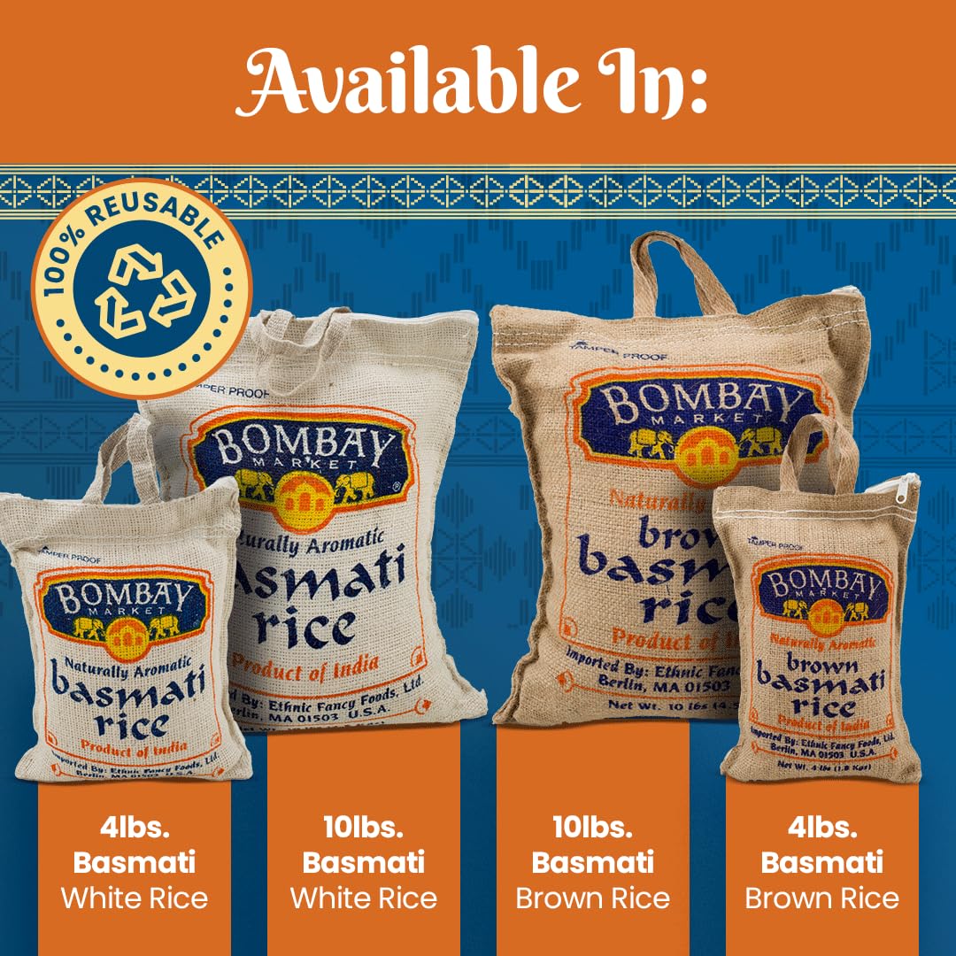 Bombay Market White Basmati Rice - Aromatic & Nutty Flavor Basmati Rice - Long Grain Rice Basmati (4 Pound Bag)