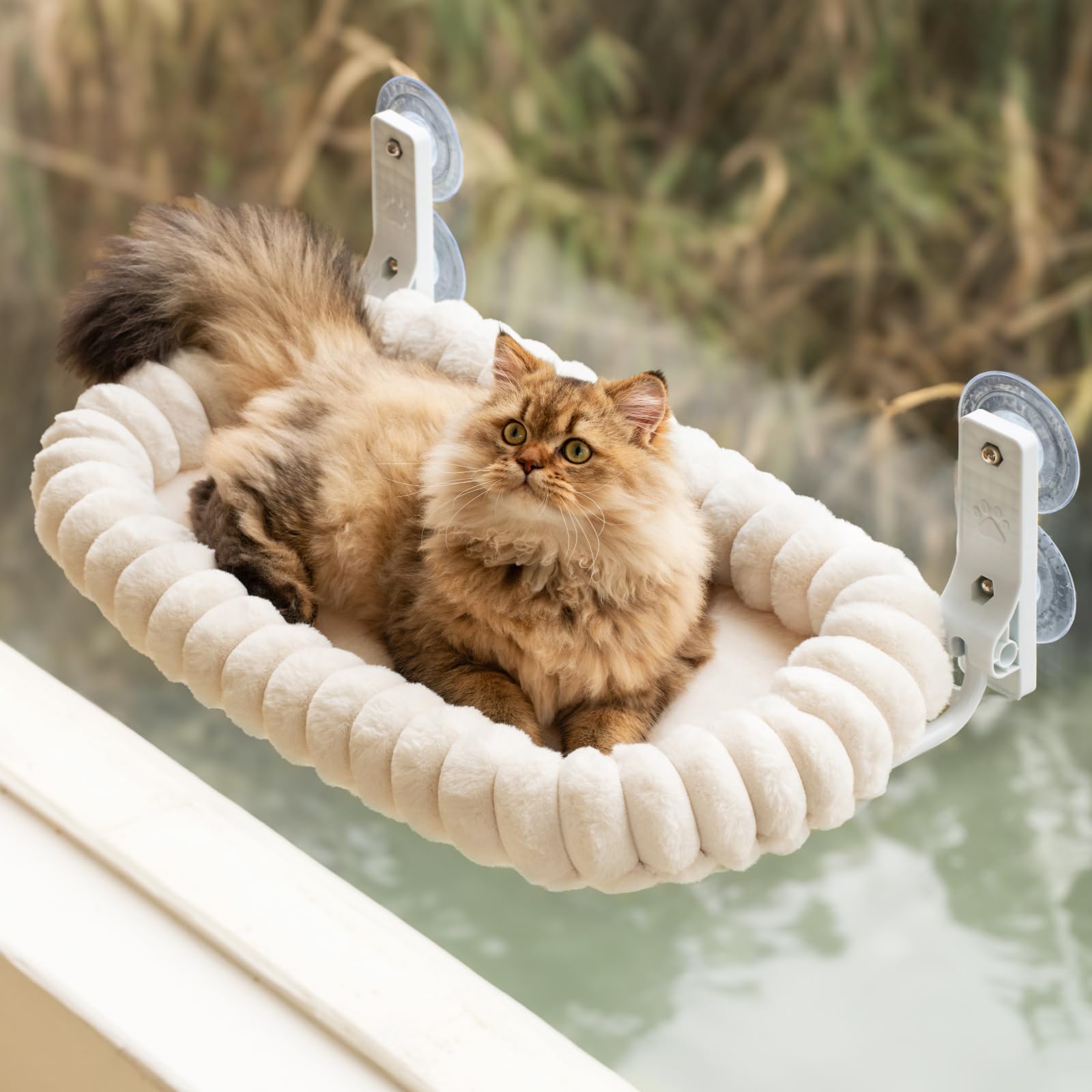EDAGNY Katzen Fensterliege Hängematte Weich mit Abnehmbarem Wendebezug - Katzen Hängematte Fenster mit Stabiles Stahlgestell Halt bis 18kg, Creme M