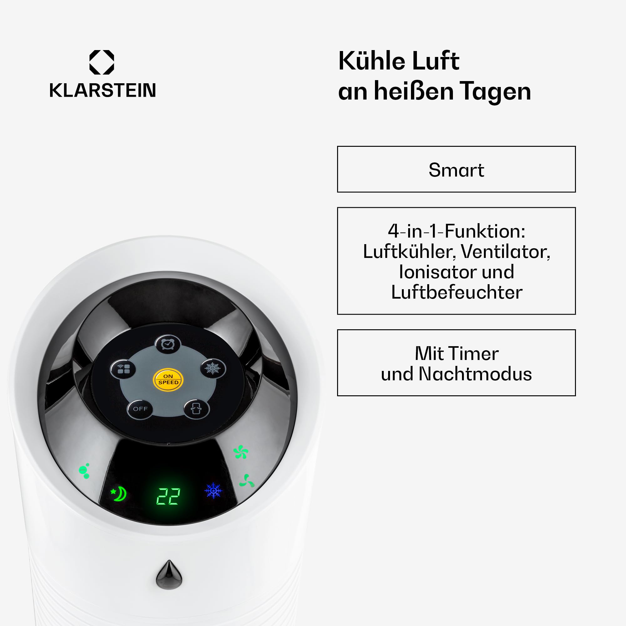 Klarstein Luftkühler mit Wasserkühlung, 5-in-1 Verdunstungskühler, Luftbefeuchter, Ventilator, Luftreiniger & Nachtmodus, Mobile Klimageräte Luftkühler 6L, 45 Watt Air Cooler, 180 m³/h Luftstrom