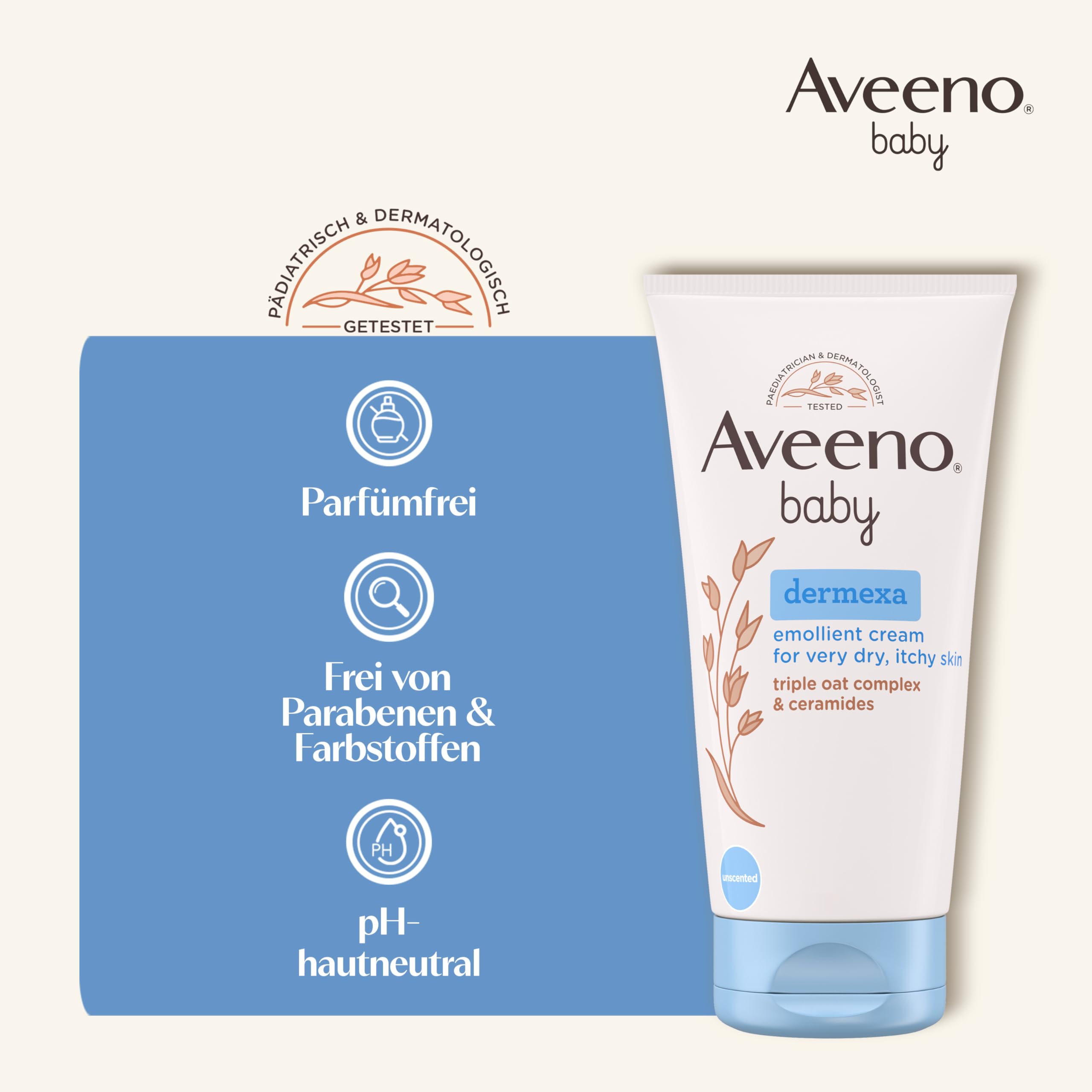 Aveeno® baby dermexa Emollientien Creme mit präbiotischem Hafermehl, Ceramiden & Panthenol für sehr trockene, juckende und zu Neurodermitis neigende Haut, 150 ml