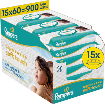 Pampers Aqua Soft Touch Baby-Feuchttücher, 18 Packungen mit 48 Feuchttüchern = 864 Baby-Feuchttücher, weiche Textur & Lotion mit 99% Wasser