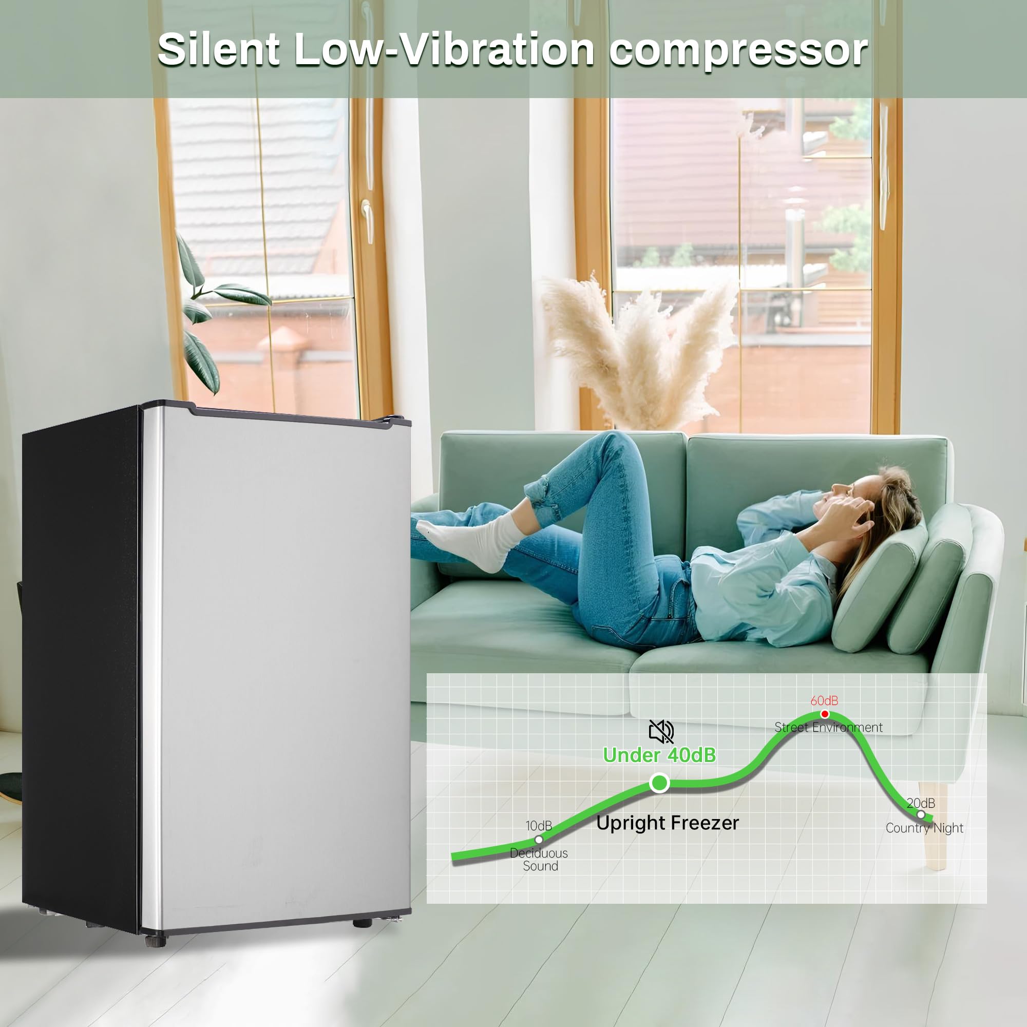 Mini Upright freezer 3.6 Cubic Feet Mini Freezer, Single Door Compact Freezer with Reversible Stainless Steel Door, 3-Speed Temperature Adjustment Small freezer for Home, Glossy Silver