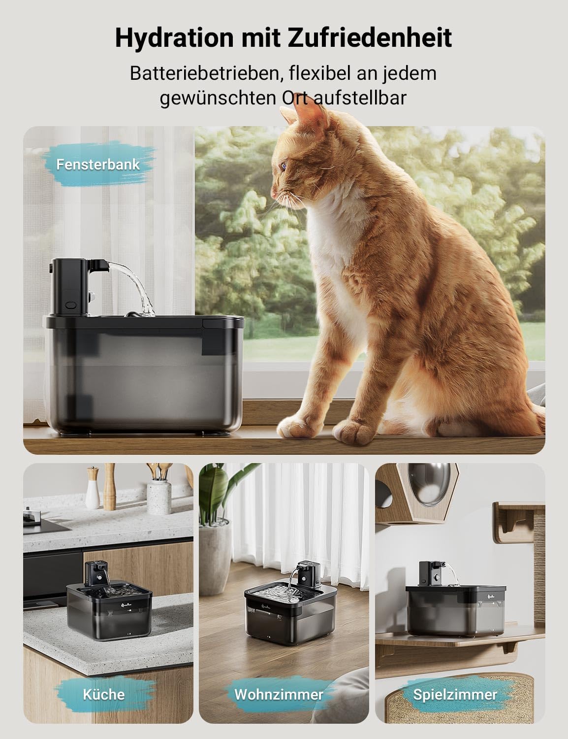 DownyPaws 2.5L Trinkbrunnen für Katze Kabellos, Katzenbrunnen Kabellos mit Bewegungsmelder, Batteriebetrieben Katzentrinkbrunnen, 4000mAh, Leise Wasserpumpe, Tablett aus Edelstahl für Katze, Schwarz