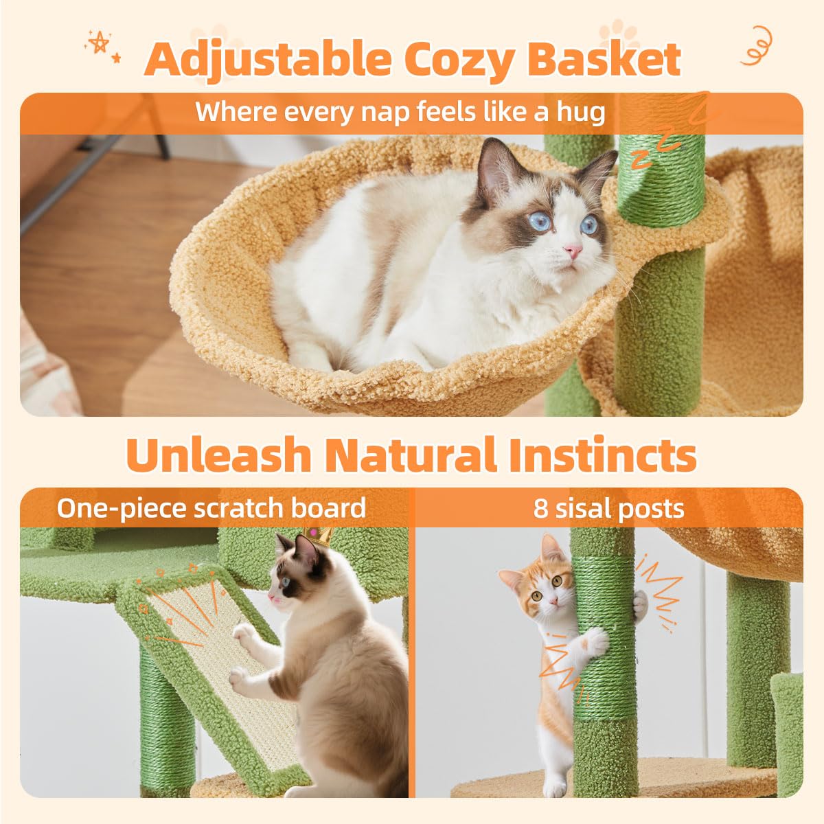 Taoqimiao 180CM Kratzbaum Groß, Katzenbaum Katzen Kratzbaum Grosse Katzen Stabil mit 2 Katzenhaus, Metallhängematte, Korb, 8 Kratzsäulen, Katzenkratztafel, MS026LM Beige