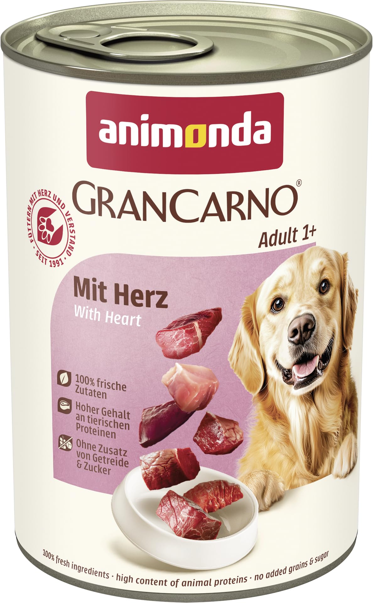 animonda GranCarno Hunde Nassfutter mit Rind + Entenherzen (6 x 800 g), getreidefreies Hundenassfutter ohne Zucker, für ausgewachsene Hunde, mit frischen fleischigen Zutaten