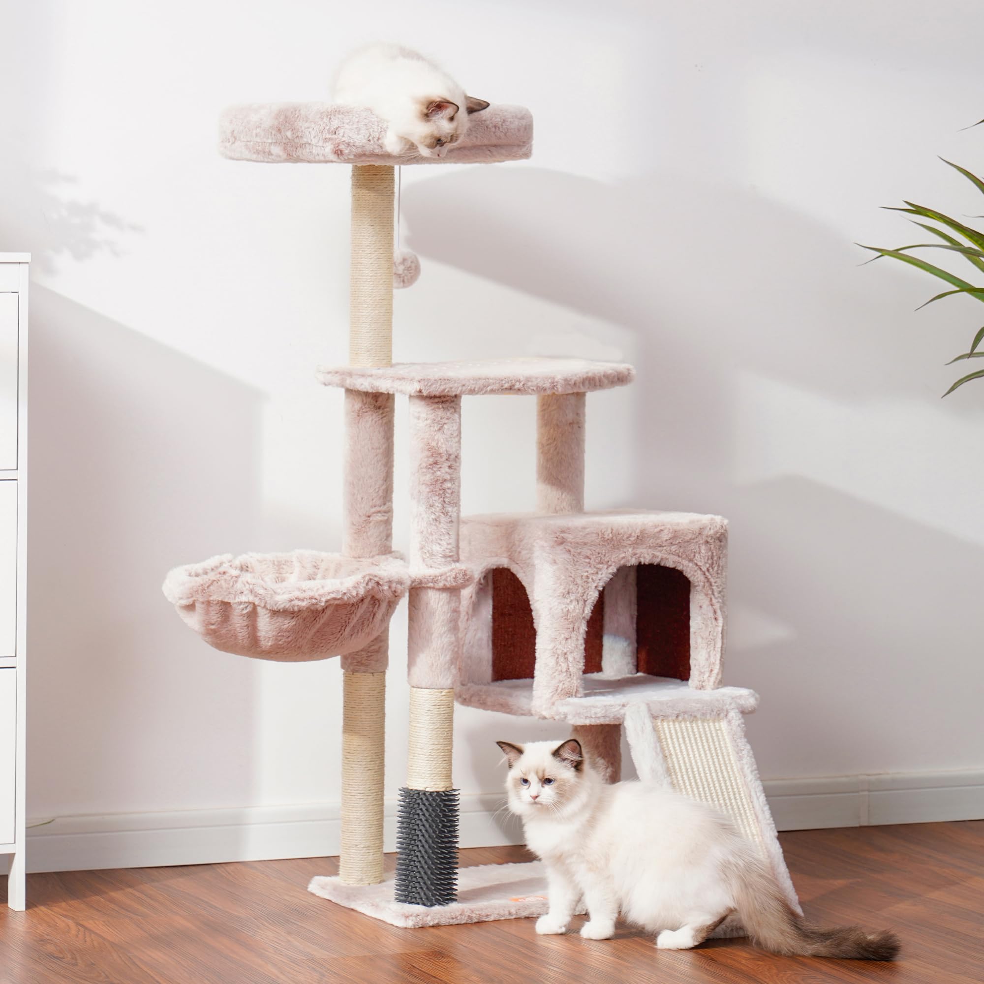 Heybly Kratzbaum mit Katzenbürste, Katzenbaum für Hauskatzen mit Gepolsterter Sitzstange aus Plüsch, Katzenkratzbaum mit Korb, Kratzbrett und Kratzbaum, Hellgrau HCT005SW