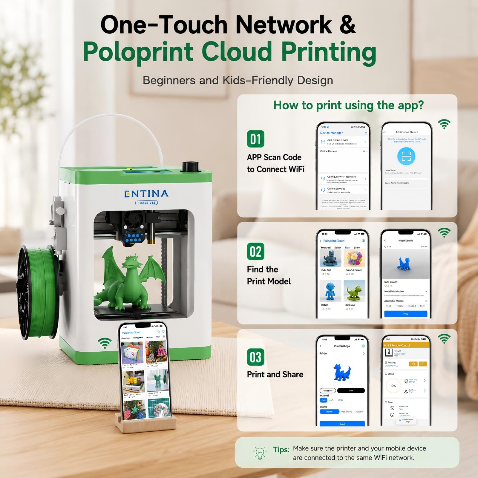 Entina Tina2C 3D Printer for Kids & Beginners, Fully Assembled Starter Mini 3D Printer, Start in 8 Mins, App & WiFi Control, Auto Leveling, 3000+ Model Library, 20+ Creative DIY Modules for STEM, Home