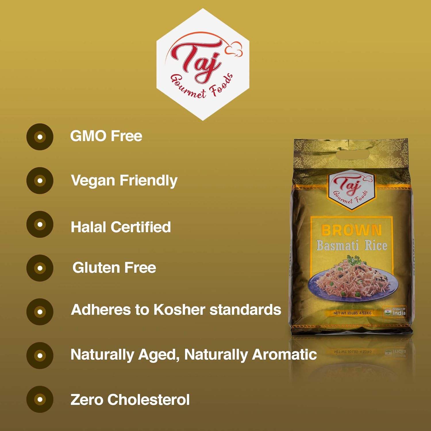 TAJ Gourmet Brown Basmati Rice, Naturally Aged, 10-Pounds