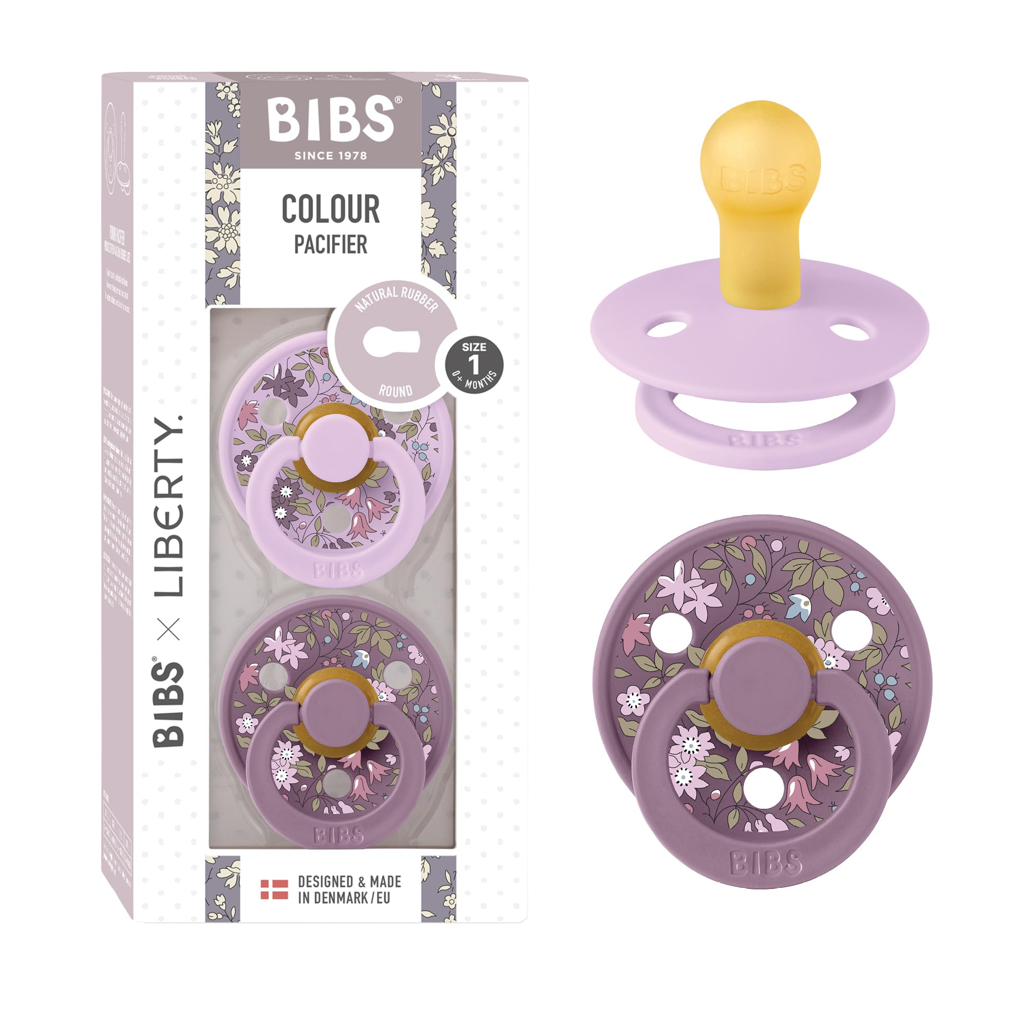 BIBS Colour Liberty Schnuller 2er-Pack, BPA-frei, Kirschform Nippel. Naturkautschuk/Latex, Hergestellt in Dänemark, Größe 2 (6-18 Monate), Chamomile Lawn Violet Sky