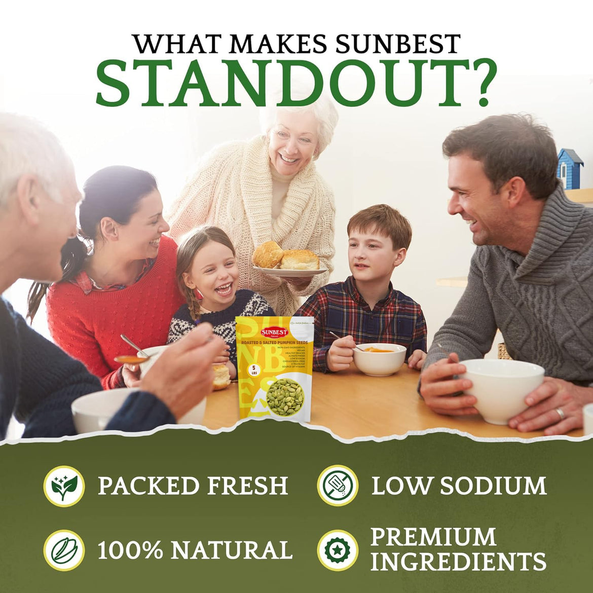 Sunbest Natural Roasted Pumpkin Seeds – 5 lb Bulk Bag – Shelled Pumpkin Seeds, Roasted Salted Pepitas – Fresh, Nutrient-Rich, Non-GMO, Vegan, Kosher – Perfect for Snacking, Cooking & Baking