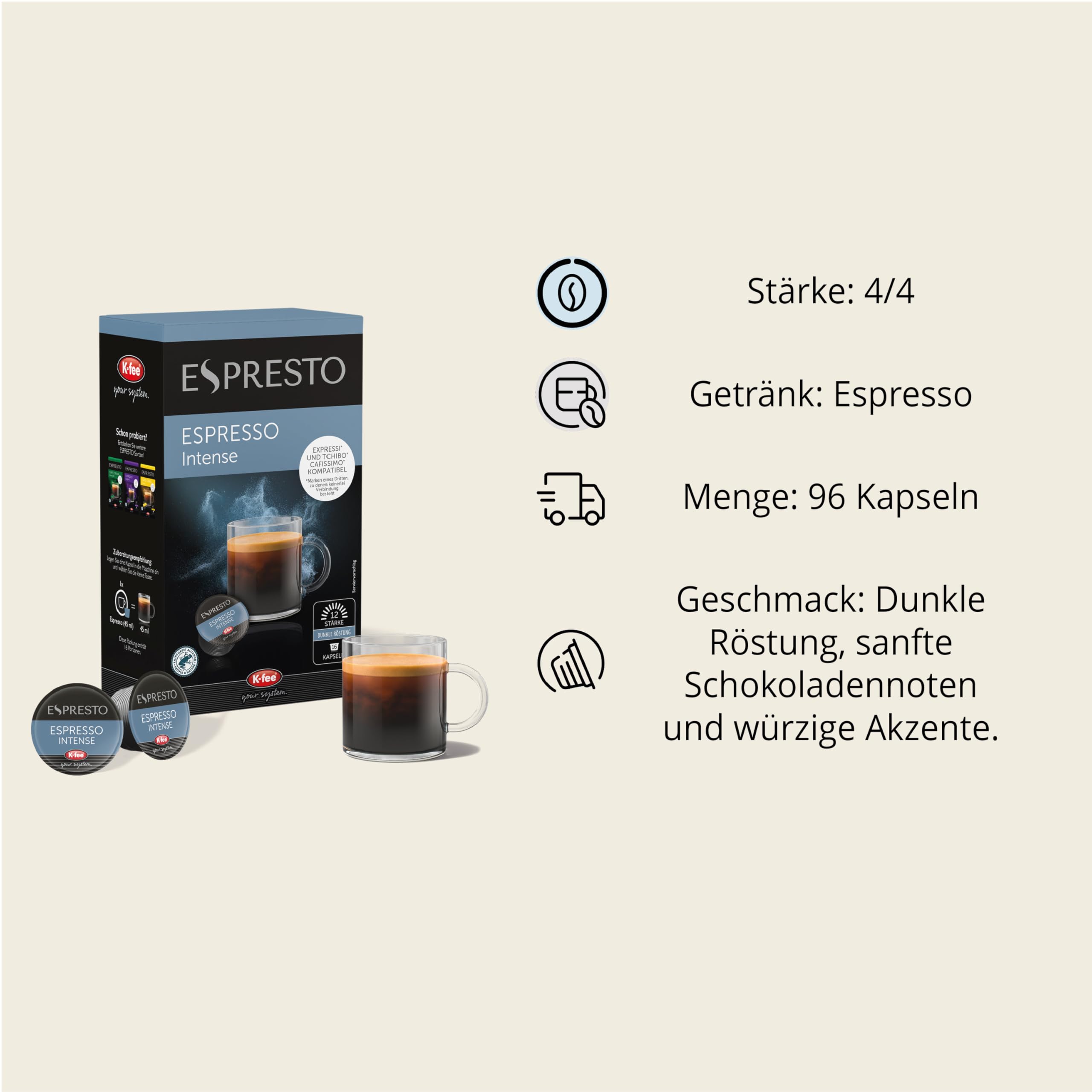 ESPRESTO Caffè Crema Classic, kompatibel mit K-fee & Aldi EXPRESSI*, RFA zertifiziert, 96 Kaffeekapseln