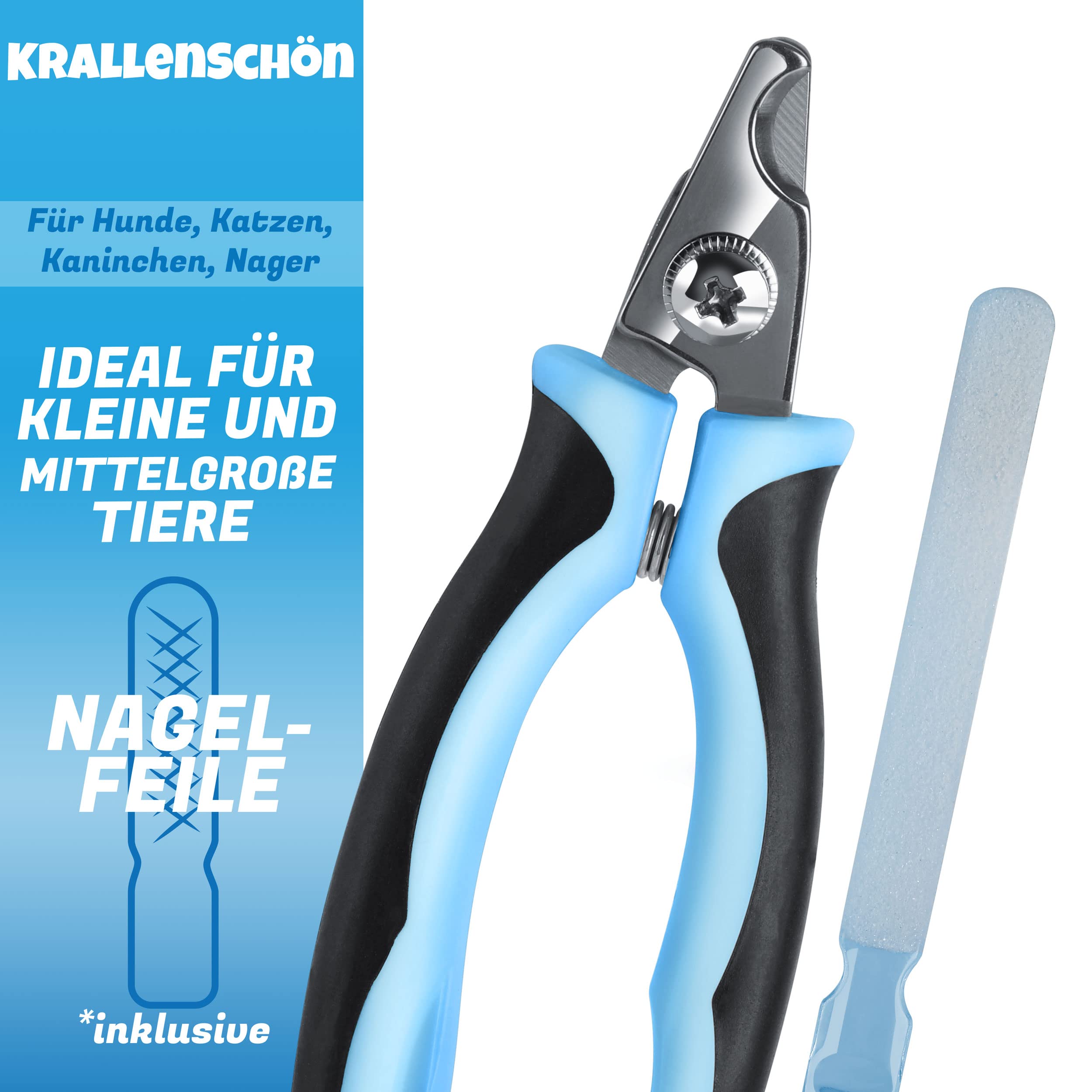 BluePet Krallenschere mit Schutz für Hunde & Katzen I Einsteigerfreundlich I Krallenzange für kleine & große Krallen + Krallenfeile im Griff - Alternative zu Nagelschere & Krallenschleifer