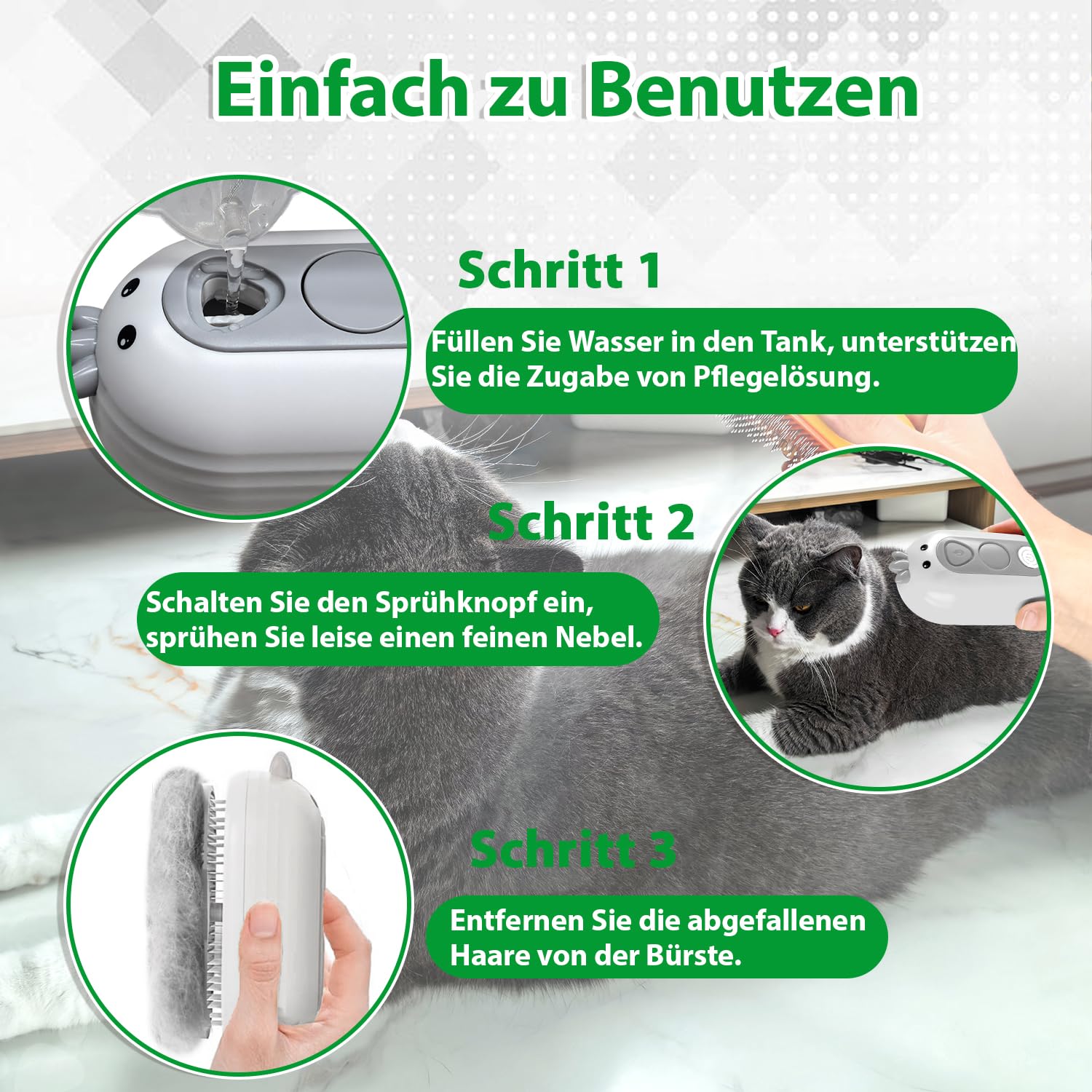 Katzenbürste mit Dampf & Auslöseknopf, Wiederaufladbar Dampfbürste von Katze Hunde, Spray Haustierhaar Bürste, Massage Steamer Kamm für Langhaar und Kurzhaar zum Entfernen Losem Fell und Schmutz