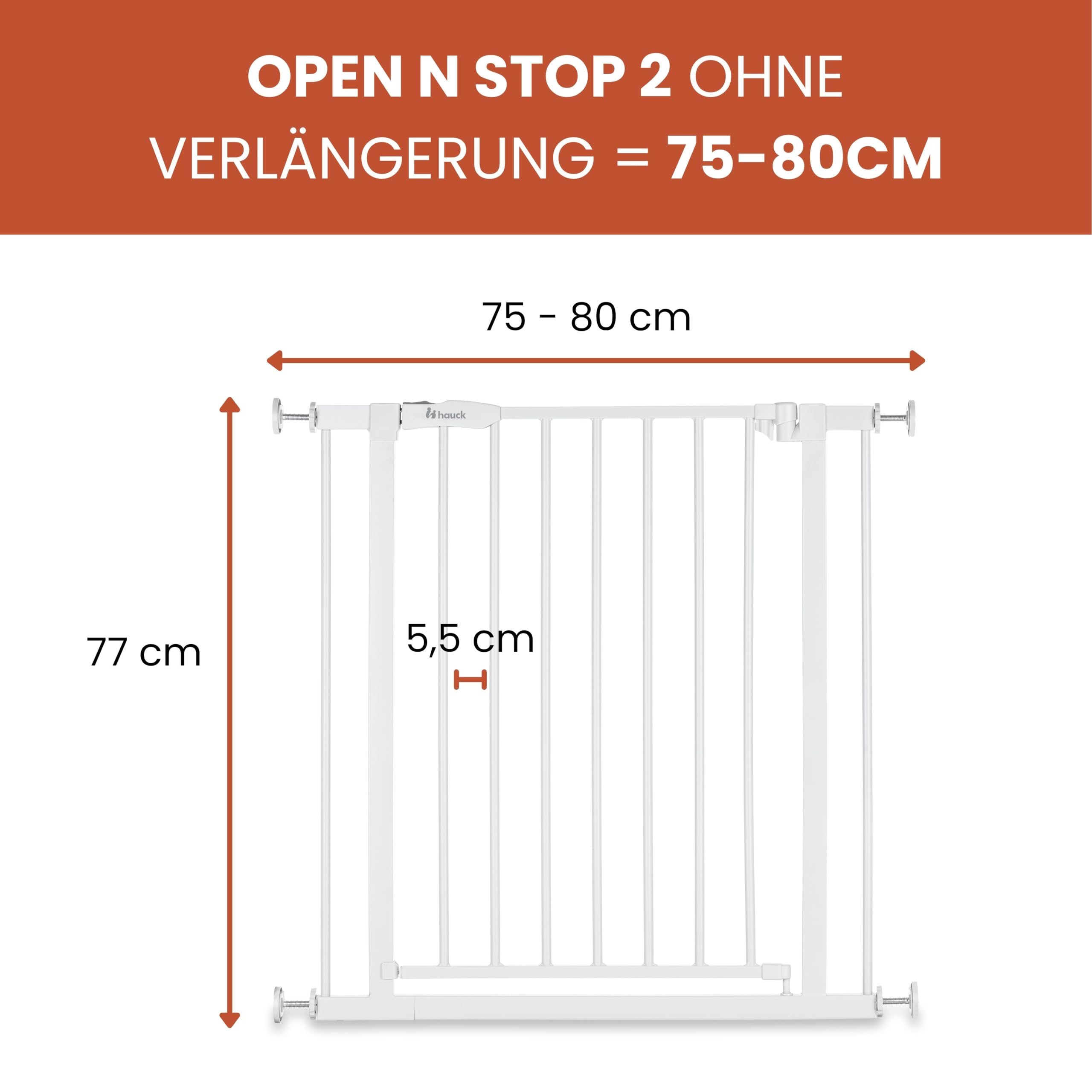hauck Open N Stop 2 + 21 cm Verlängerung, Weiß - Kinderschutzgitter Hundegitter, Verstellbare Breite 96-101 cm, 77 cm Hoch, Beidseitige Einhand Öffnung, ohne Bohren, für Innen