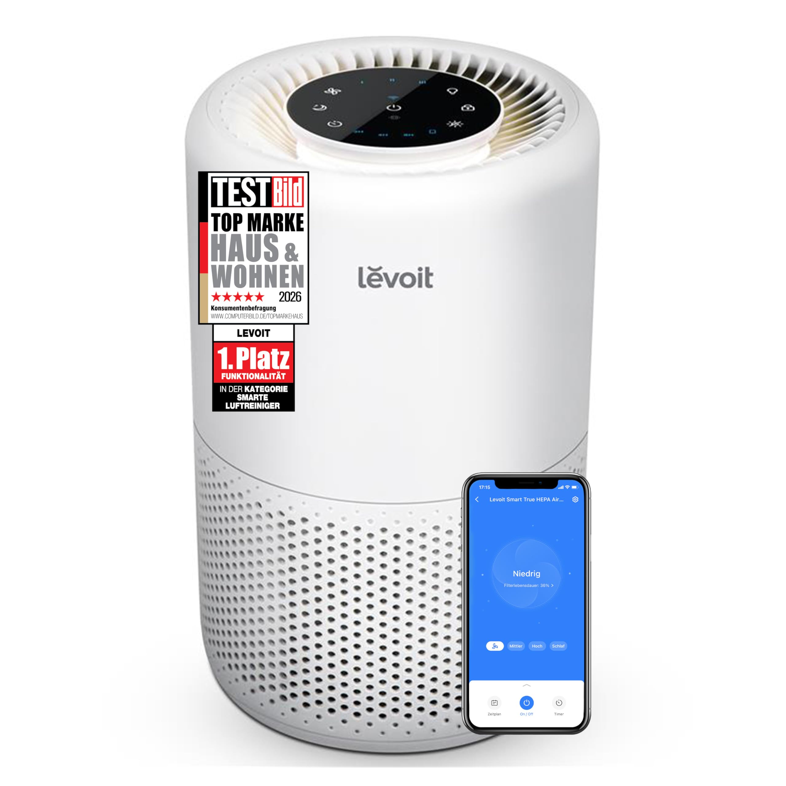 Levoit Luftreiniger mit HEPA Luftfilter gegen 99,97 Prozent Schimmel Staub Pollen Tierhaare, Luftqualitäts-Feedback und Auto-Modus, CADR 240m³/h für Raucherzimmer, bis zu 50m², Weiß