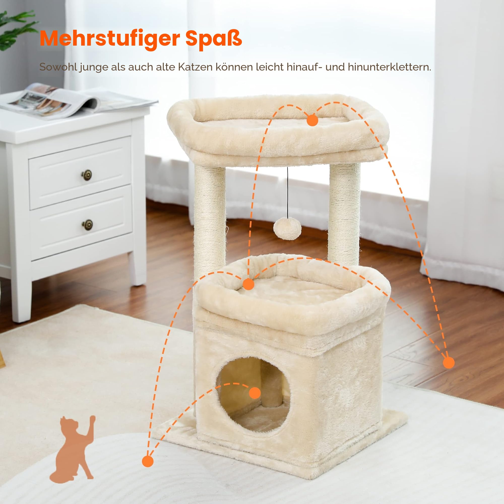 PAWZ Road Kleiner Katzenbaum, mehrstöckiger Katzenturm mit Sisal-überzogenem Kratzbaum, gemütlicher Katzenwohnung und großer Katzensitzstange für Hauskatzen, Beige
