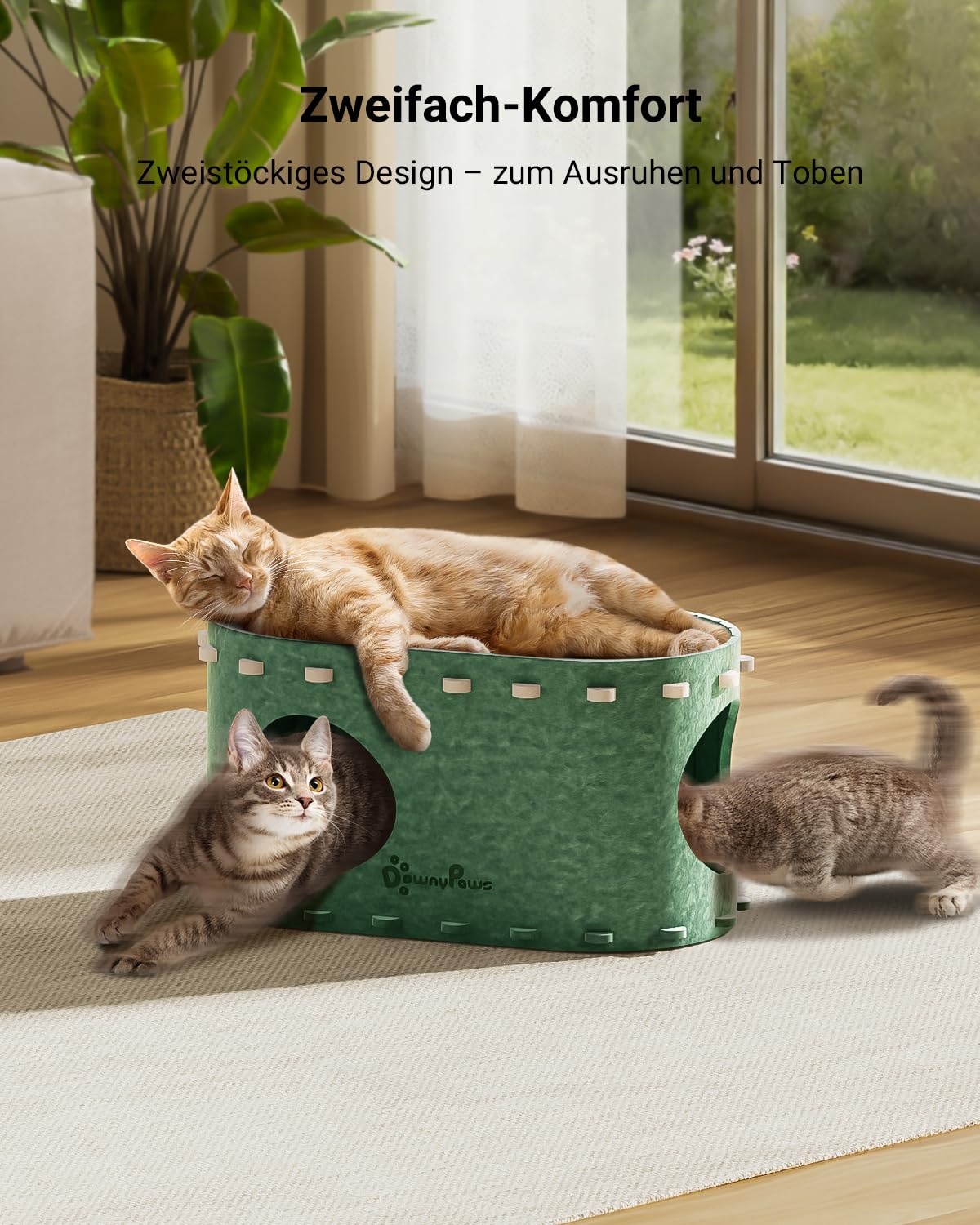 Katzenhöhle Filz, Katzenhaus aus Filz, Katzenbett, Katzenhöhle für Katzen, 58 x 33 x 30cm, Peek-a-Boo zum Spielen, Winterfest, Schutz der Katzennägel, Beige