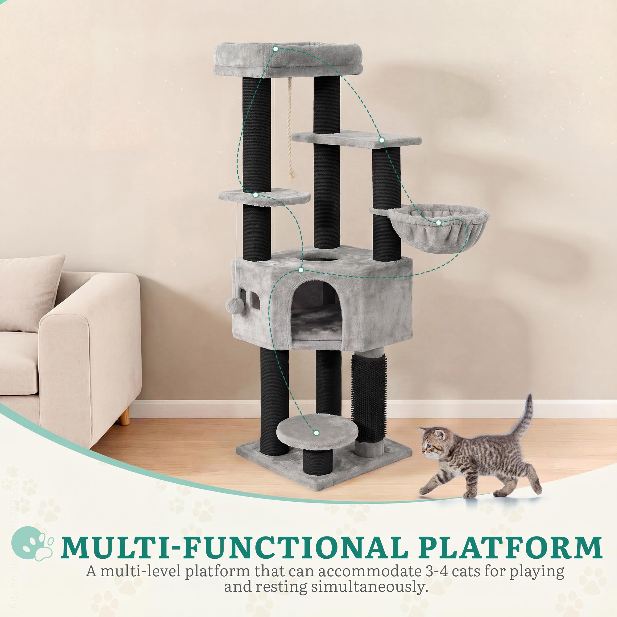 YITAHOME Kratzbaum, Katzenkratzbaum, für Große Katze, Katzenbaum, Katzenbürsten, 11 cm Dicke Stämme, Große Plattformen, Plüschkissen, Höhle, 50 x 50 x 157 cm, Beige