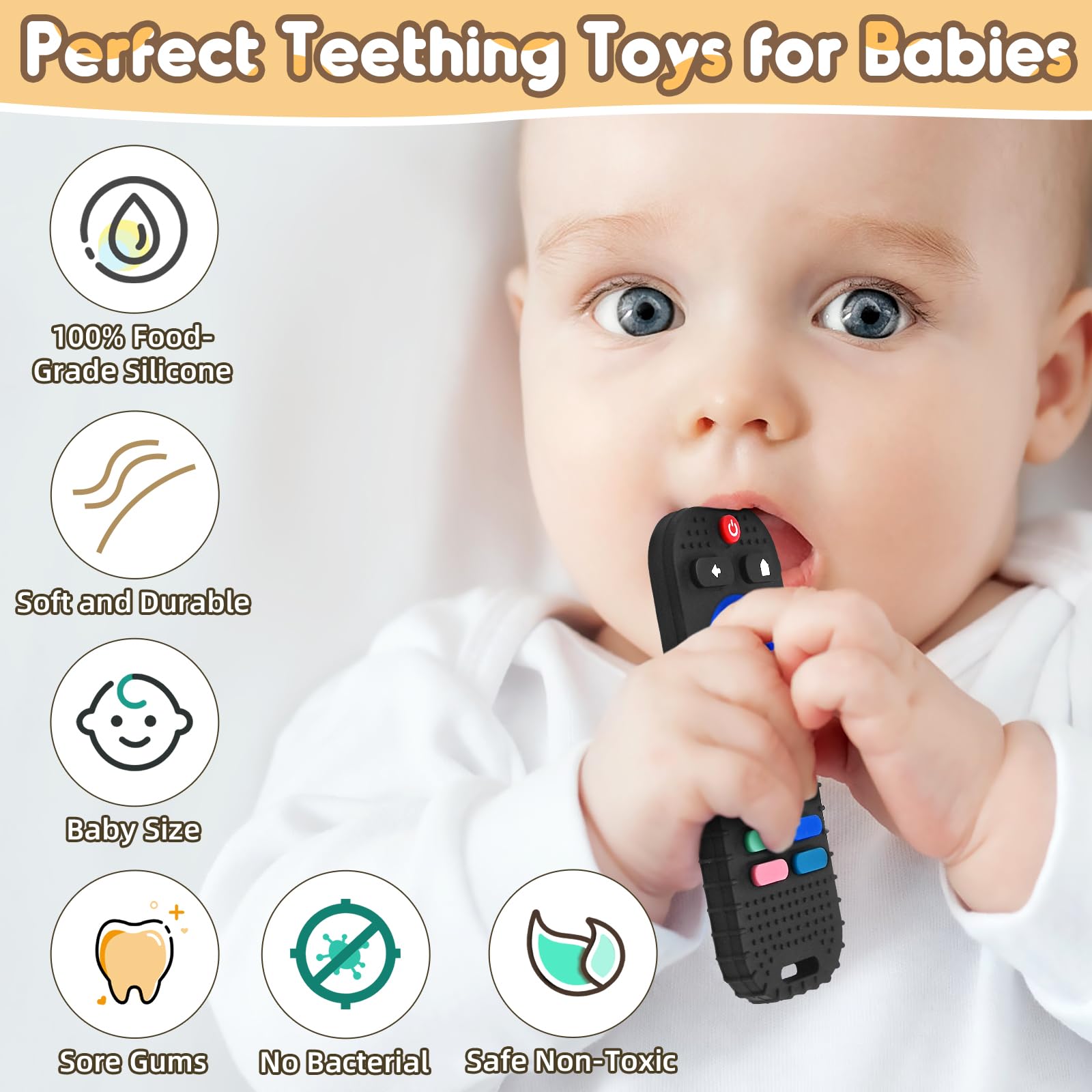 Zahnen Beißringe Spielzeug für Babys 3-6-12 Monate Geschenke, Fernbedienung Baby Zahnungshilfe für 7 8 9 Monate Kleinkind Autismus, Lebensmittelqualität Silikon Badespielzeug, Schwarz