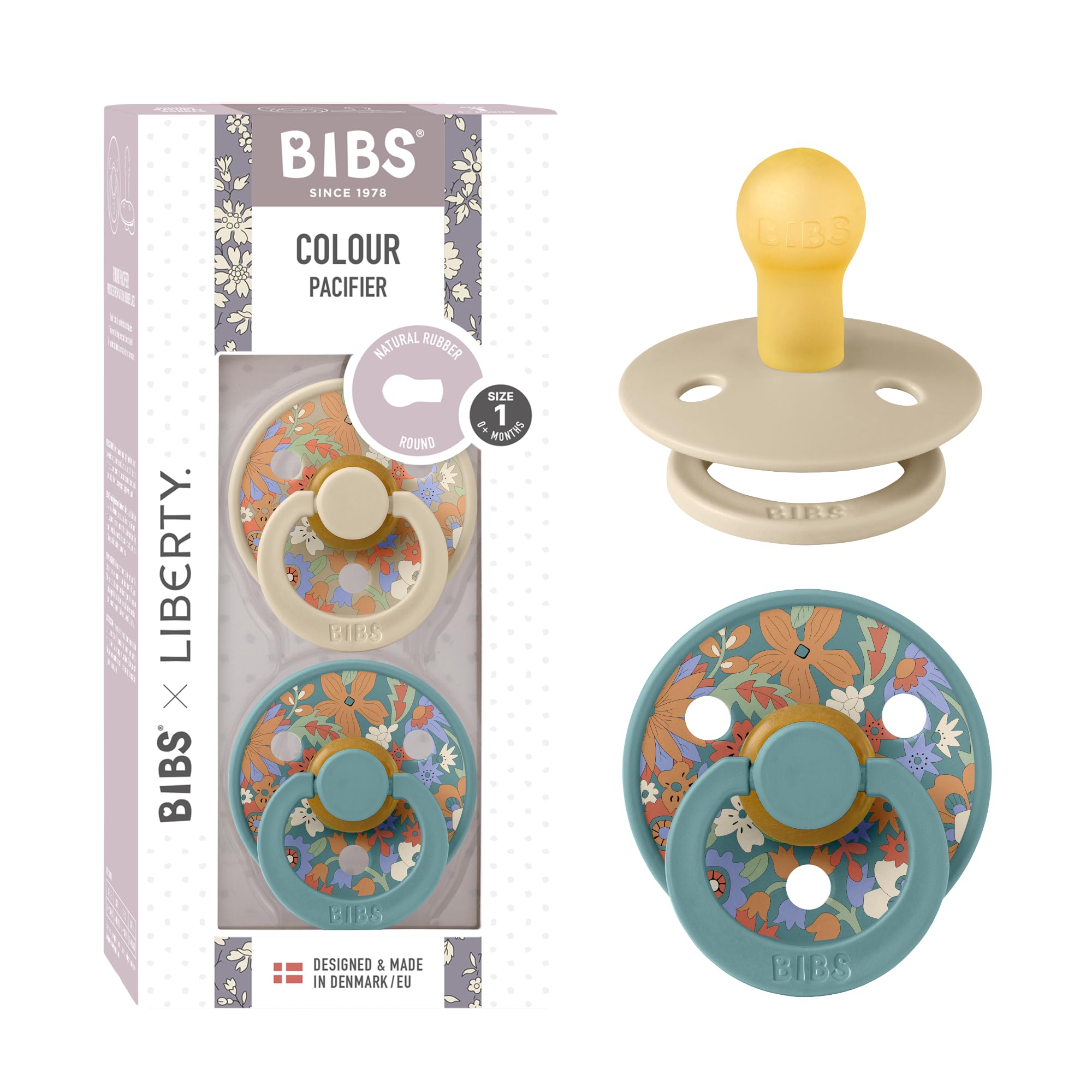 BIBS Colour Liberty Schnuller 2er-Pack, BPA-frei, Kirschform Nippel. Naturkautschuk/Latex, Hergestellt in Dänemark, Größe 2 (6-18 Monate), Chamomile Lawn Violet Sky