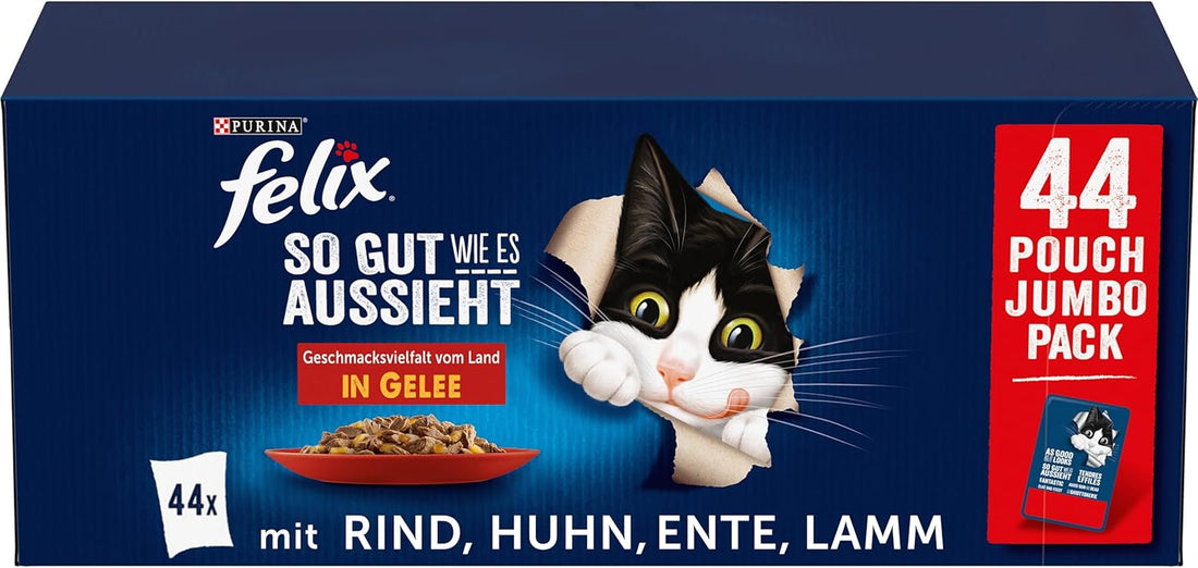 Felix So gut wie es aussieht Geschmacksvielfalt vom Land in Gelee Katzennassfutter, 44er Pack (44 x 85g)
