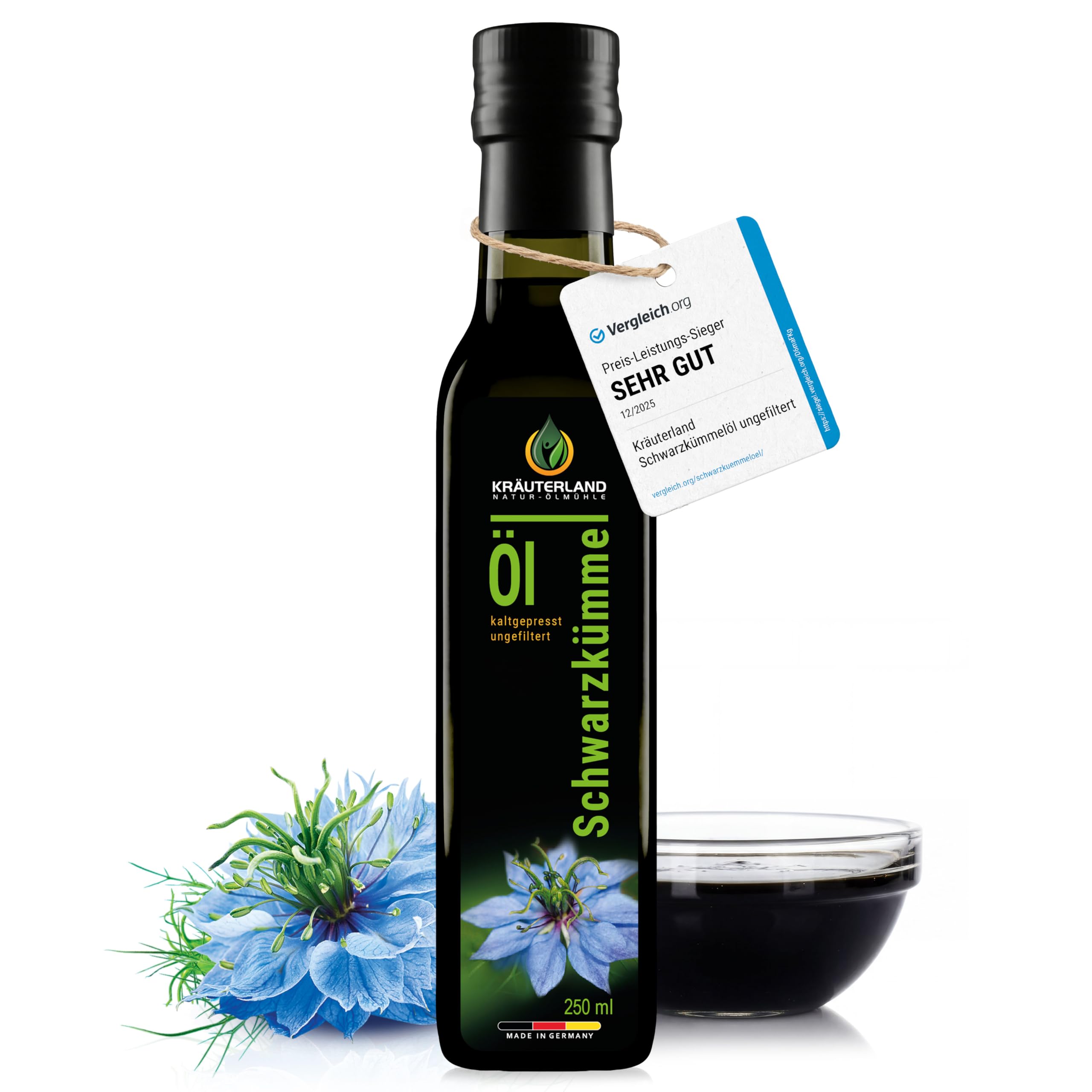 Kräuterland Schwarzkümmelöl 500ml, kaltgepresst & ungefiltert, hoher Thymochinon‑Anteil, ägyptische Samen, mühlenfrisch, 100 % Nigella sativa, naturrein ohne Zusatzstoffe, lichtgeschützten Glas