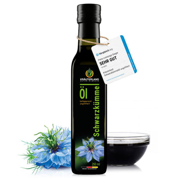 Kräuterland Schwarzkümmelöl 500ml, kaltgepresst & ungefiltert, hoher Thymochinon‑Anteil, ägyptische Samen, mühlenfrisch, 100 % Nigella sativa, naturrein ohne Zusatzstoffe, lichtgeschützten Glas