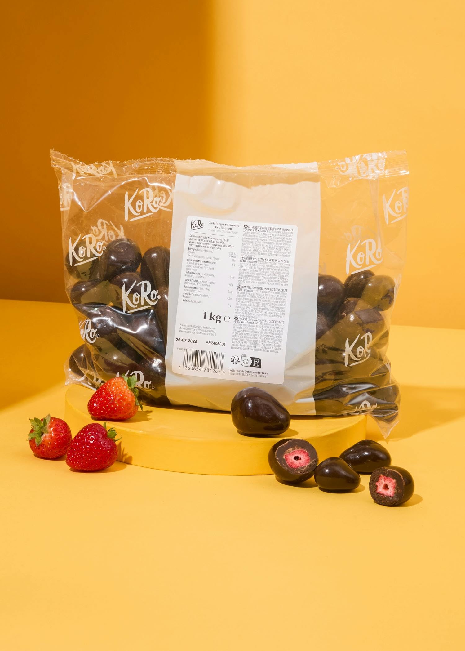 KoRo - Gefriergetrocknete Erdbeeren in Milchschokolade 1 kg - Knackig Fruchtig - Snack im Vorteilspack