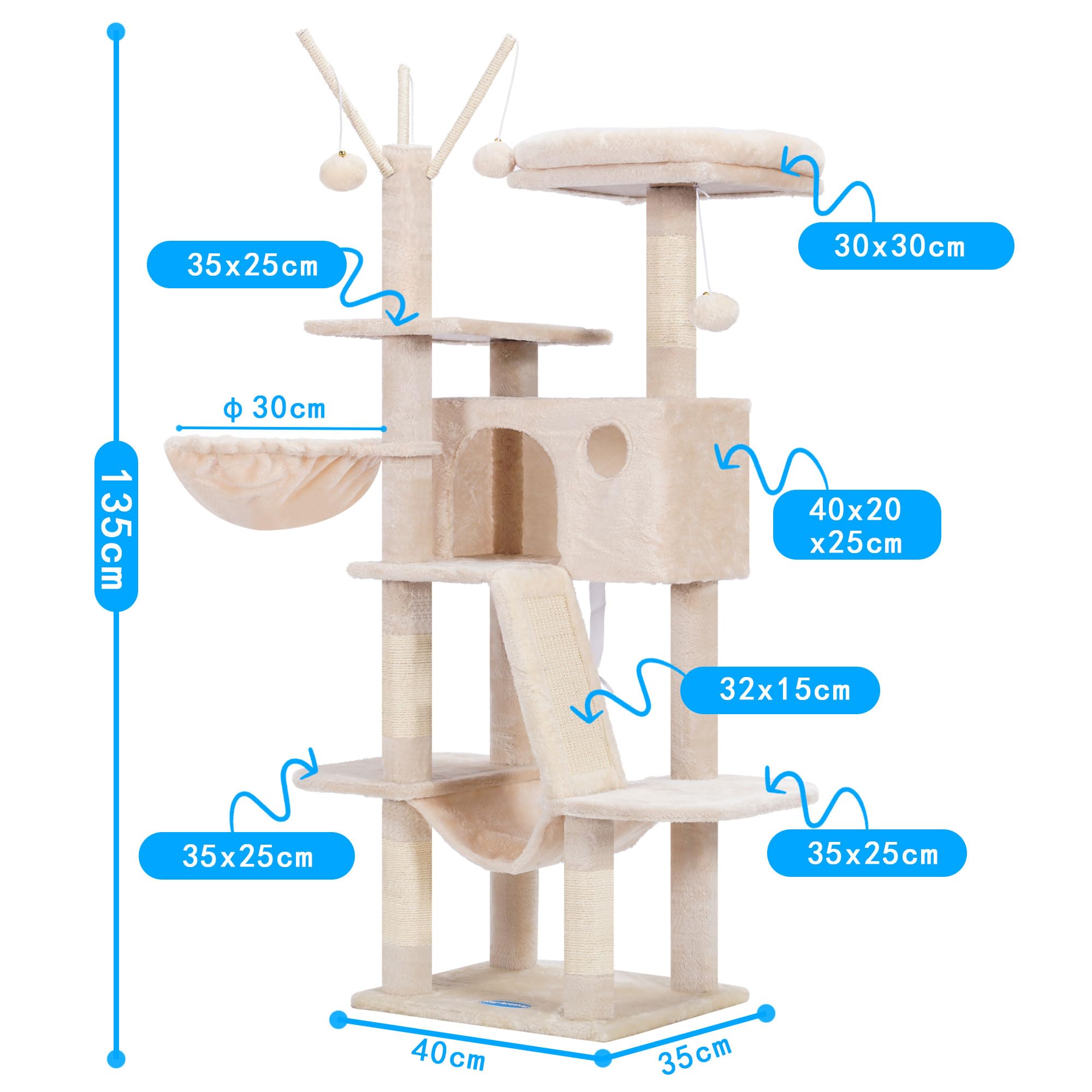 Hey-Brother Kratzbaum, 135 cm Indoor Katzenbaum, Mit gepolsterter Plattform Bett, Spielzeug Ball, Höhlen, Hängematte und Sisal Kratzbaum Katzenhaus, Hellgrau MPJ019-SW