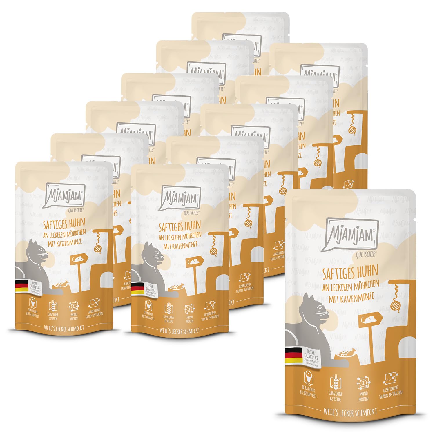 MjAMjAM - Premium Nassfutter für Katzen - saftiges Huhn an leckeren Möhrchen, 6er Pack (6 x 400 g), getreidefrei mit extra viel Fleisch