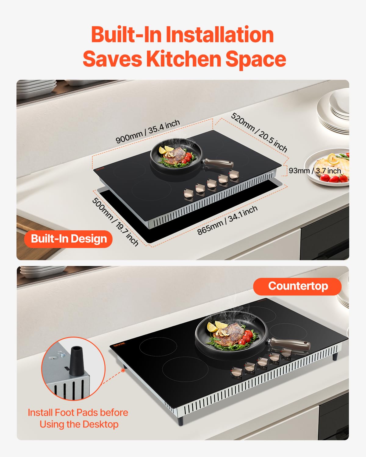 VEVOR Built-in Induction Electric Stove Top 30 Inch,5 Burners Electric Cooktop,9 Power Levels & Sensor Touch Control,Easy to Clean Ceramic Glass Surface,Child Safety Lock,240V
