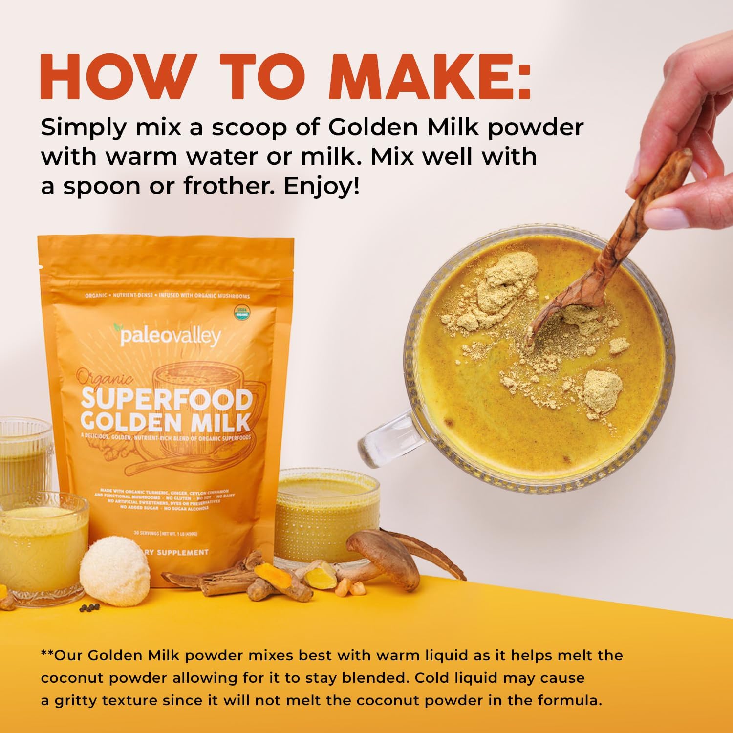 Paleovalley Organic Superfood Golden Milk - Immune, Focus, Cognitive, Longevity - Turmeric, MCT-Rich Coconut Milk, Functional Mushrooms, 30 Servings