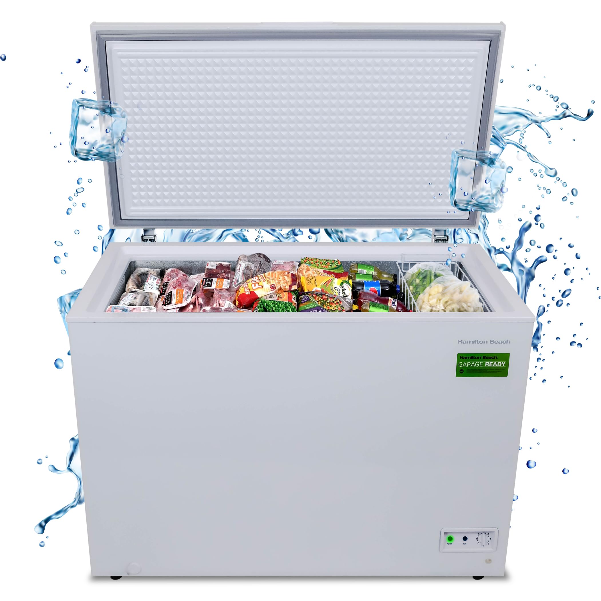 Hamilton Beach HBFRF2129 21 cu ft Double Door LID Garage-Ready Chest Freezer-White, Vinyl-Coated Baskets, Space-Saving Flat Back, Stay-Open, Front-Access Drain, for Storage, Hunting, Large Family