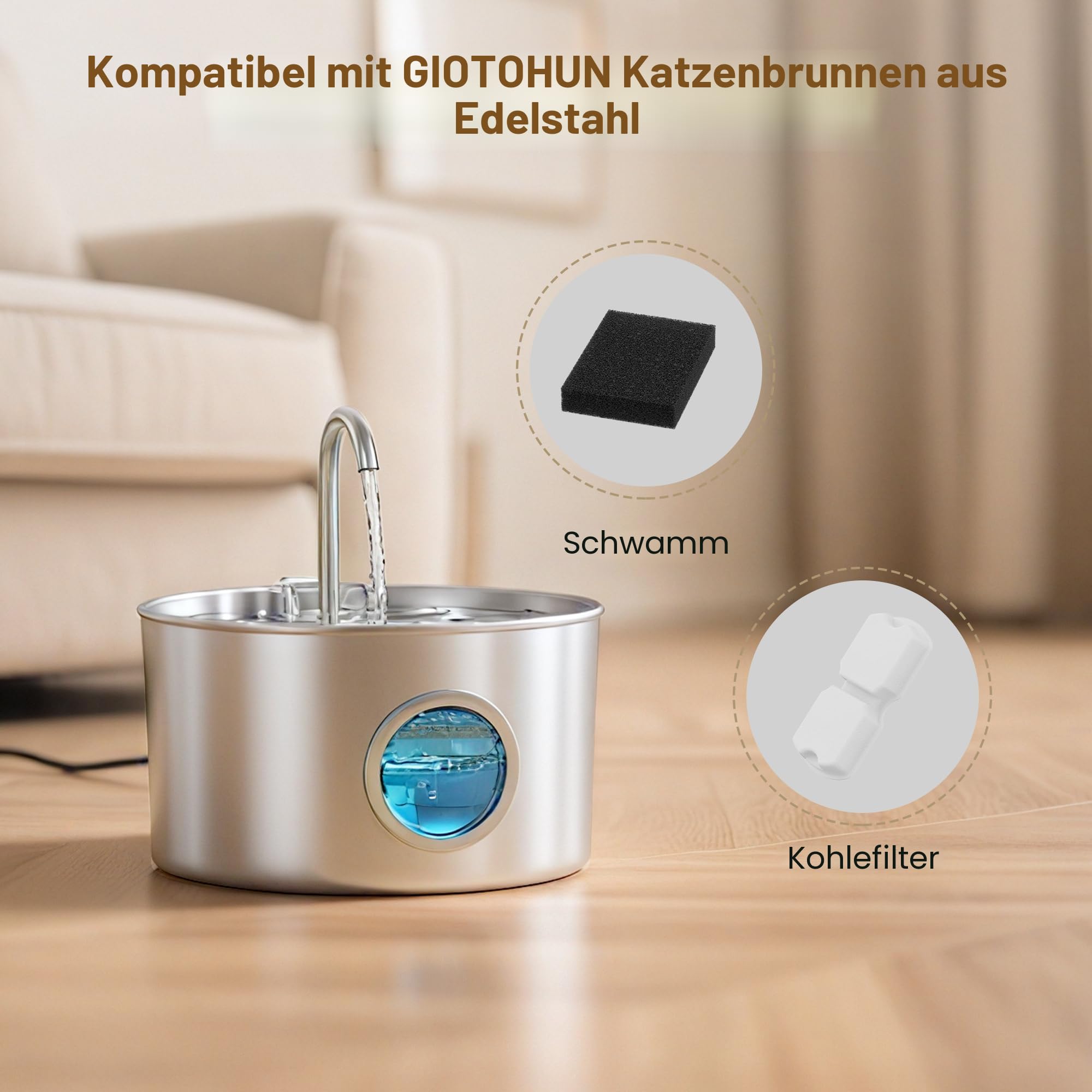 Katzenbrunnen Edelstahl Trinkbrunnen für Katze: Katzenbrunnen für Katzen - 2.2L Wasserbrunnen für Katzen mit 1 Filter und 1 Schwamm - Automatisch Katzentrinkbrunnen für Hunde mit Sichtfenster