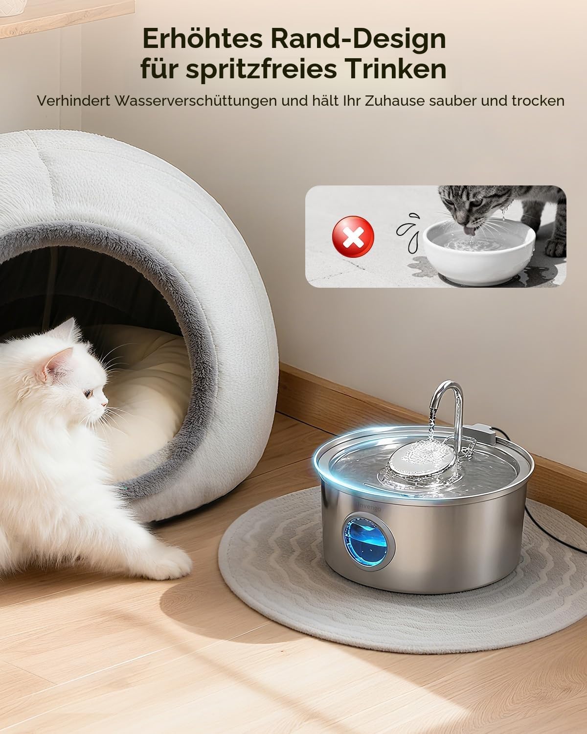 Invengo MeowFlow B30 Trinkbrunnen für Katzen, 2,2L Edelstahl-Haustierbrunnen mit sichtbarem Wasserfenster, einfach zu reinigen und installieren, inkl. 4 Ersatzfilter, spritzwassergeschütztes Design