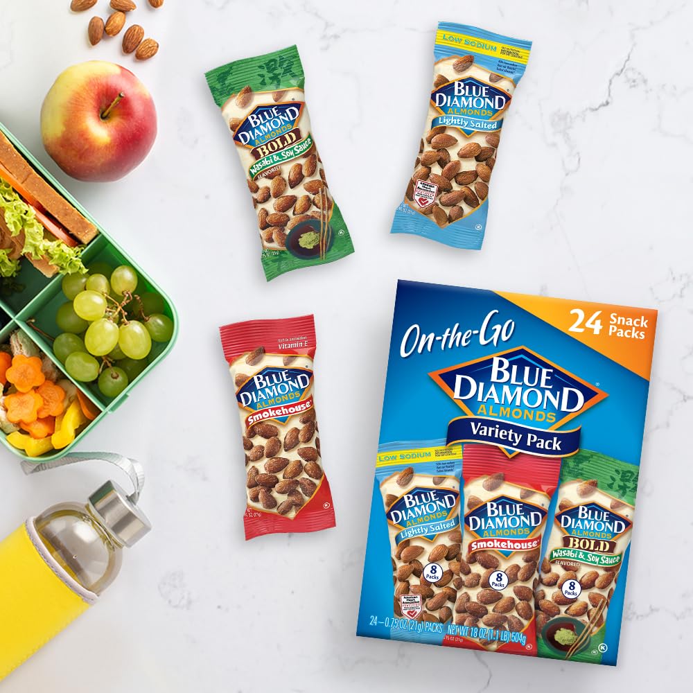 Blue Diamond Almonds Snack Nut Variety Pack for Kids, Office, School, On-the-go, 0.75 oz Gluten Free Individual Packs, Wasabi & Soy Sauce, Lightly Salted, and Smokehouse (Pack of 1, 24 Count Total)