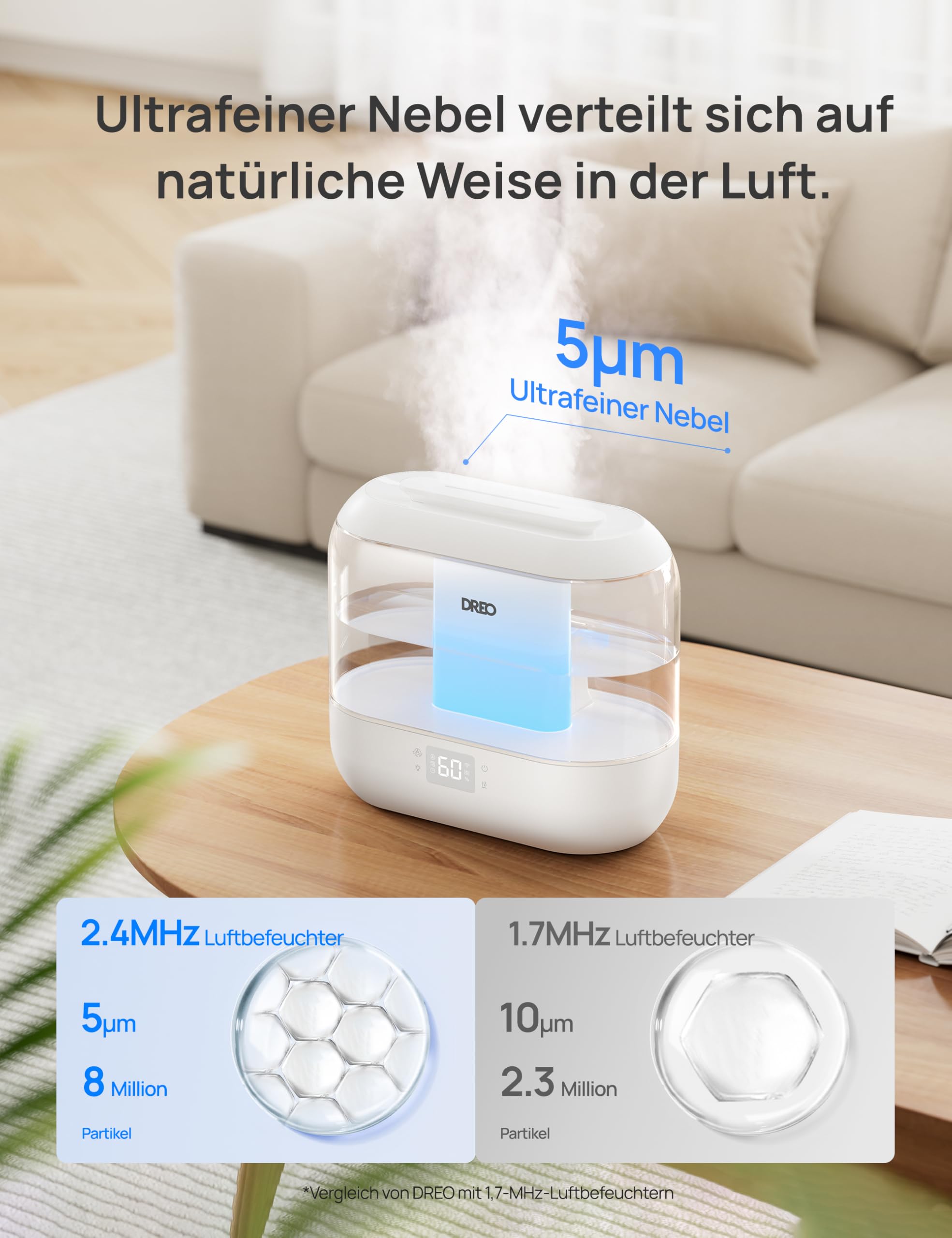 Dreo Smart Luftbefeuchter für Schlafzimmer, oben befüllbarer 4L Supergroßer Kühler Nebel Humidifier mit Öl Diffusor und Nachtlicht, 36 Stunden Laufzeit, leiser Ultraschall Luftbefeuchter Zuhause