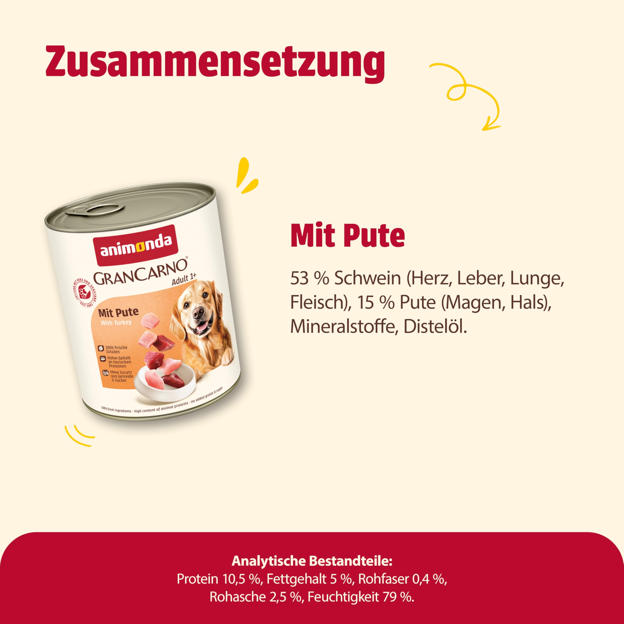 animonda GranCarno Hunde Nassfutter mit Rind + Entenherzen (6 x 800 g), getreidefreies Hundenassfutter ohne Zucker, für ausgewachsene Hunde, mit frischen fleischigen Zutaten