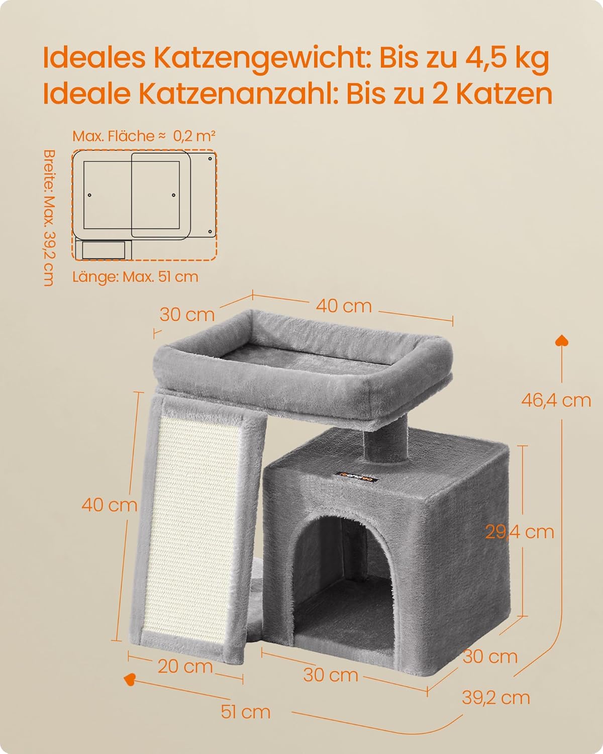 Feandrea Kratzbaum, Katzenbaum mit Kratzsäulen, Rampe, Katzenkratzbaum, 2 große Plattformen, Höhle und Korb, 85,8 cm hoch, Taubengrau PCT013GD01