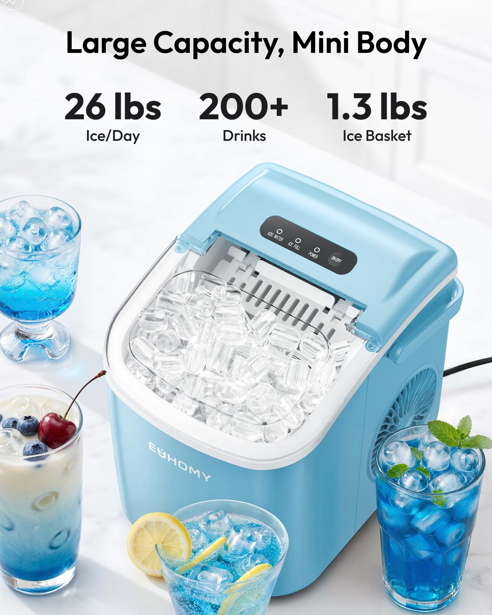 EUHOMY Countertop Ice Maker Machine with Handle, 26lbs in 24Hrs, 9 Ice Cubes Ready in 6 Mins, Auto-Cleaning Portable Ice Maker with Basket and Scoop, for Home/Kitchen/Camping/RV. (Black)