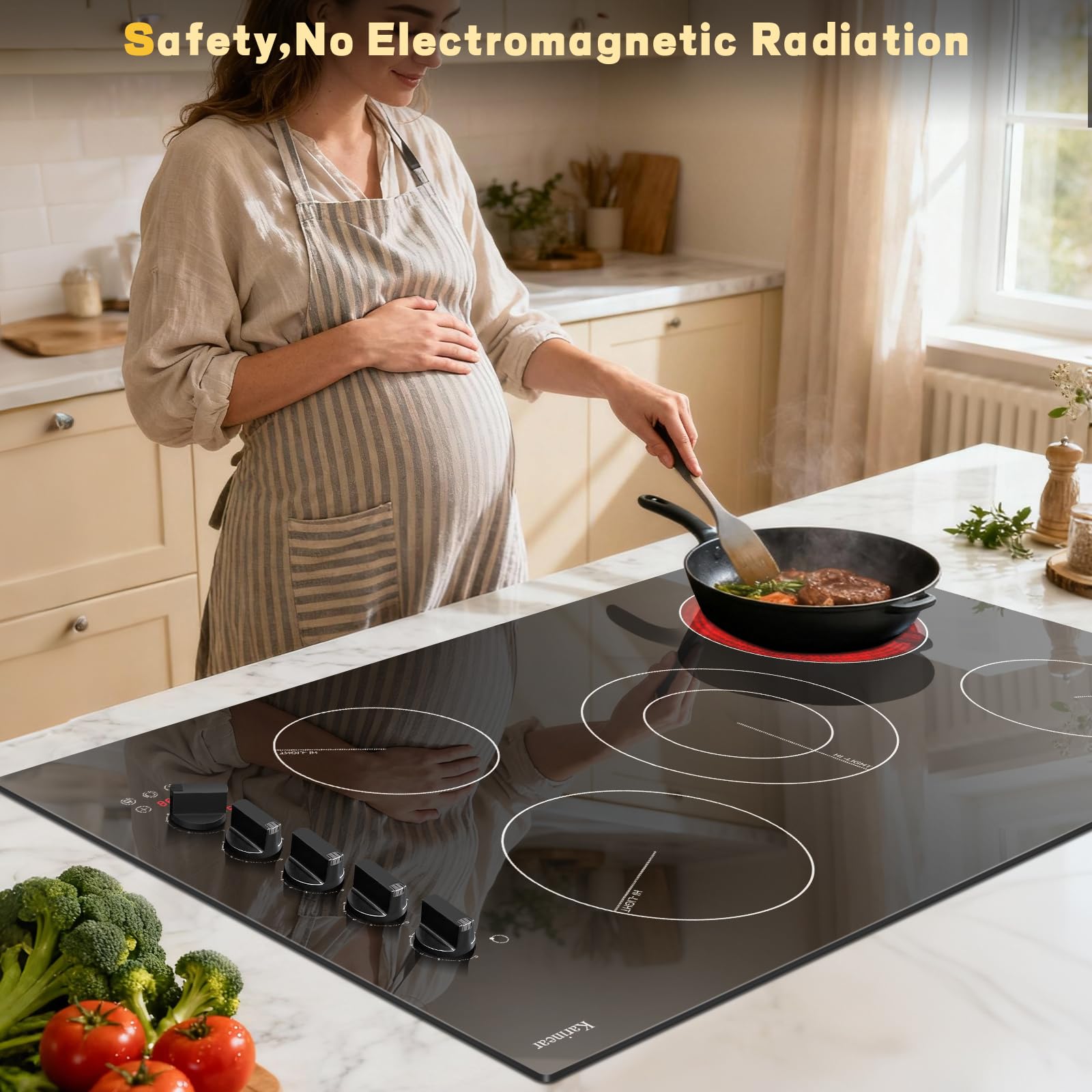Karinear 30 Inch Electric Cooktop 4 Burners, Knob Control Built-in Ceramic Cooktop, 30" Radiant Electric Stove Top with Glass Protection Metal Frame,Fits Most Existing Cutouts, 220-240v, Hard Wire