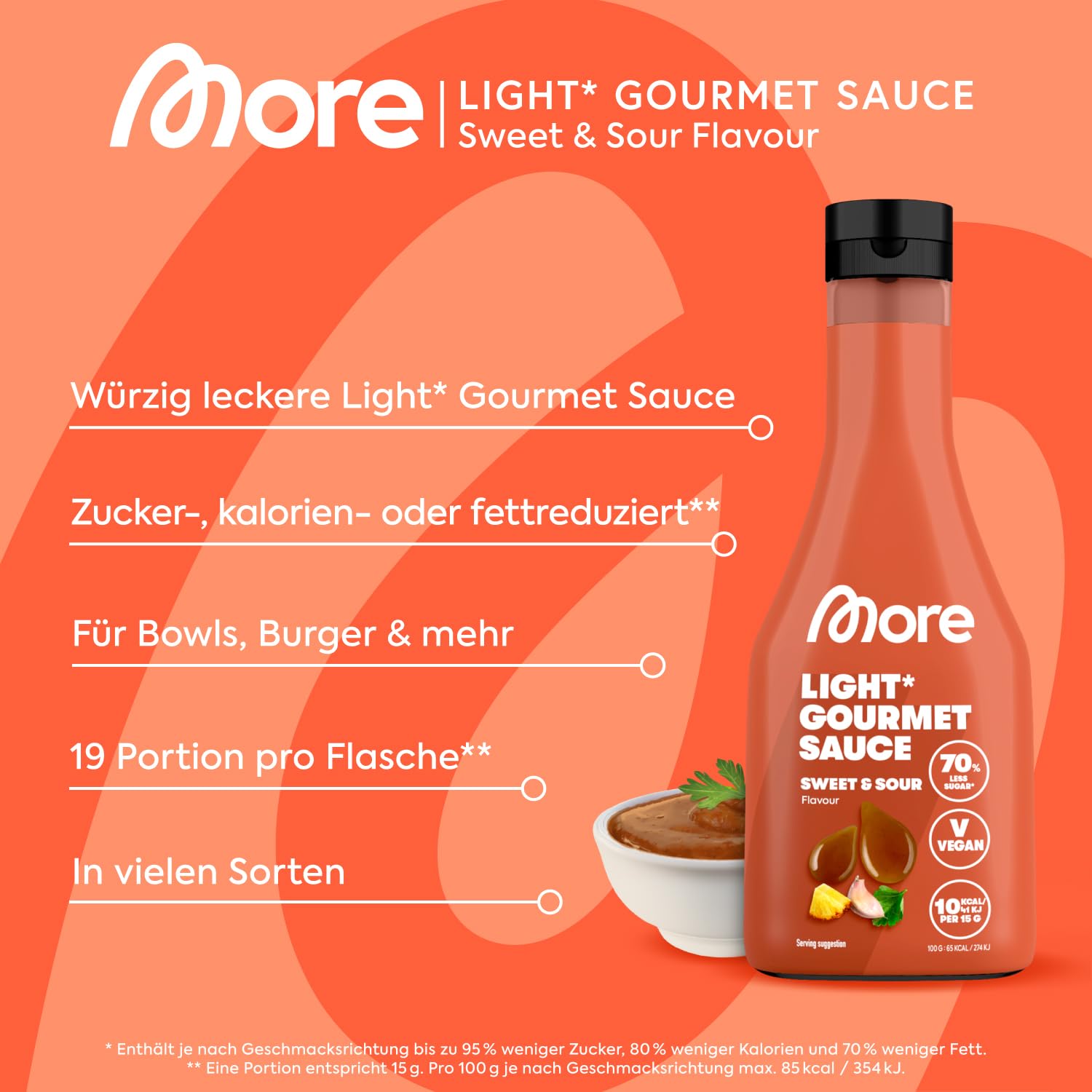 MORE NUTRITION Light Gourmet Sauce, 285ml - BBQ, kalorienreduzierte Sauce, ohne Zuckerzusatz und unnötigem Fett