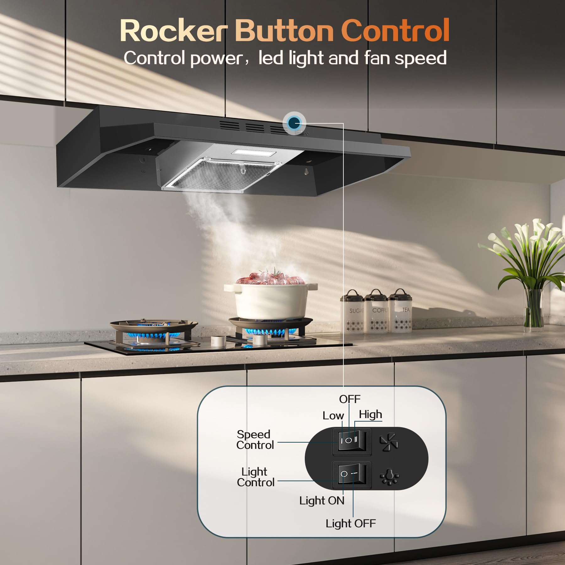 Range Hood 30 inch Under Cabinet, Stainless Steel Kitchen Vent Hood 280CFM, Built-in Kitchen Stove Hood w/Rocker Button Control, Ducted/Ductless Convertible Duct, 2 Speeds Fan, Bright LED Light