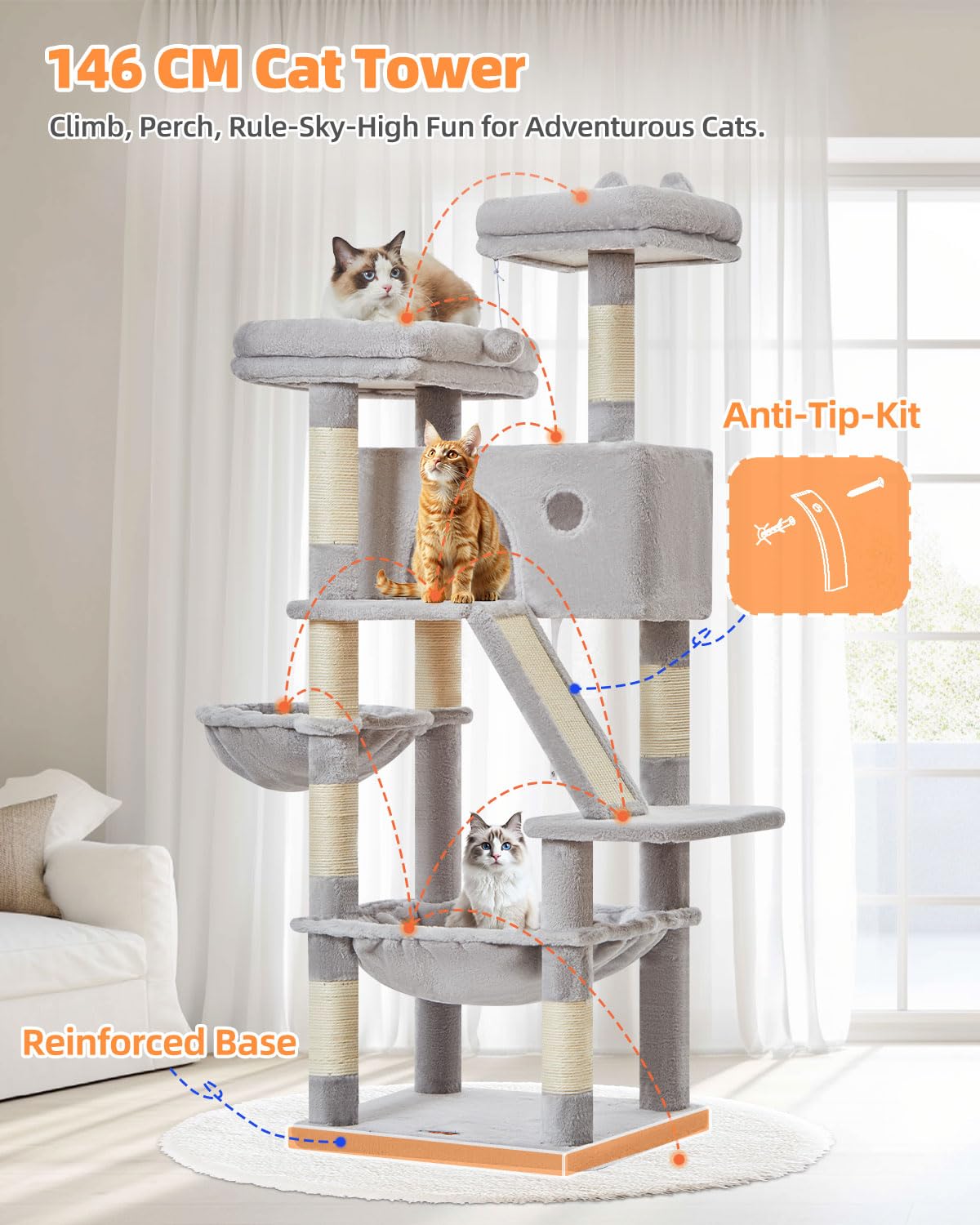 Taoqimiao 180CM Kratzbaum Groß, Katzenbaum Katzen Kratzbaum Grosse Katzen Stabil mit 2 Katzenhaus, Metallhängematte, Korb, 8 Kratzsäulen, Katzenkratztafel, MS026LM Beige