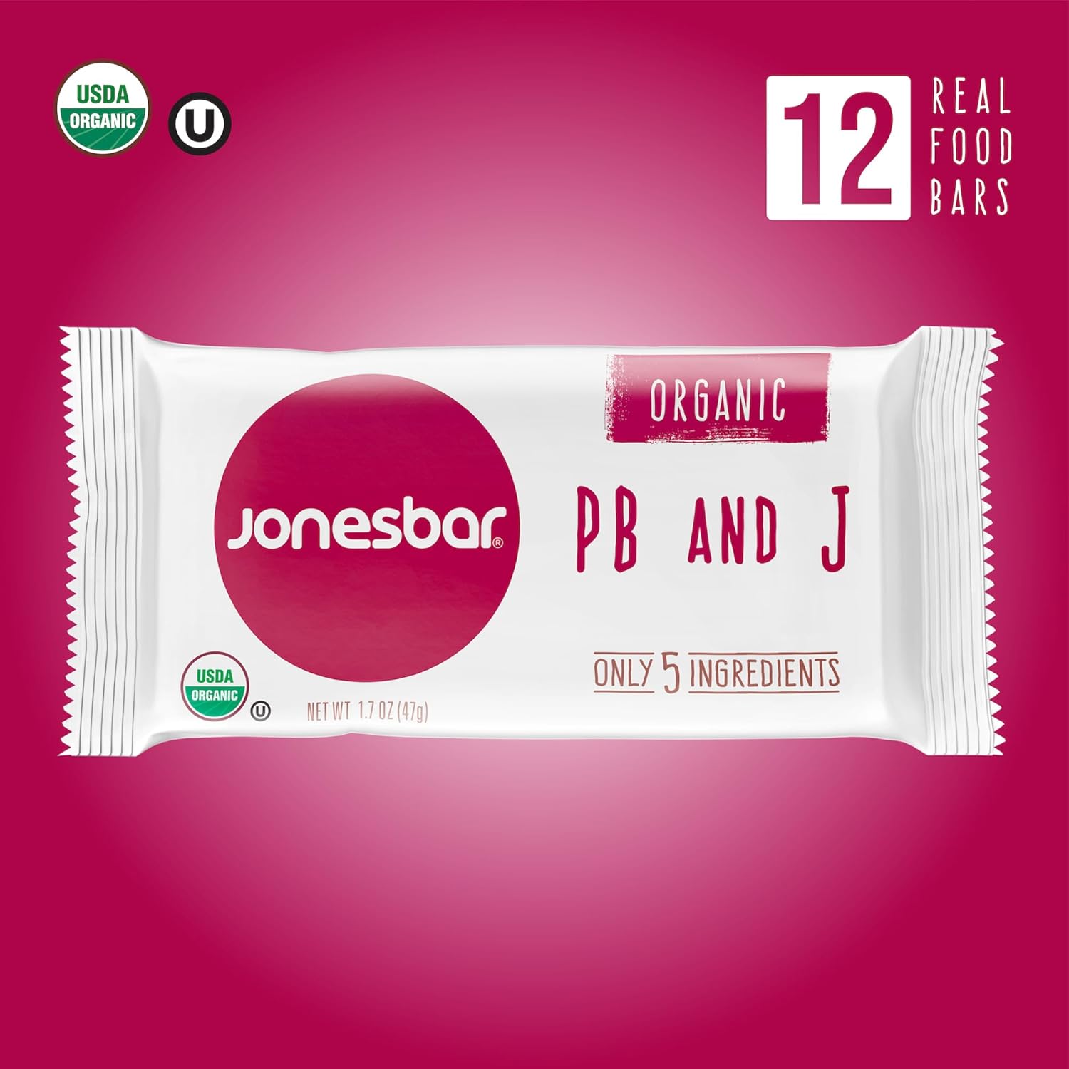 JONESBAR Organic Plant-Based Protein Bars | Peanut Butter and Jelly | Fruit & Nut Bar, Kosher, Gluten-Free, Breakfast Bars, School Snacks, Vegan Snack & Healthy Snacks for Adults and Kids (Pack of 12)