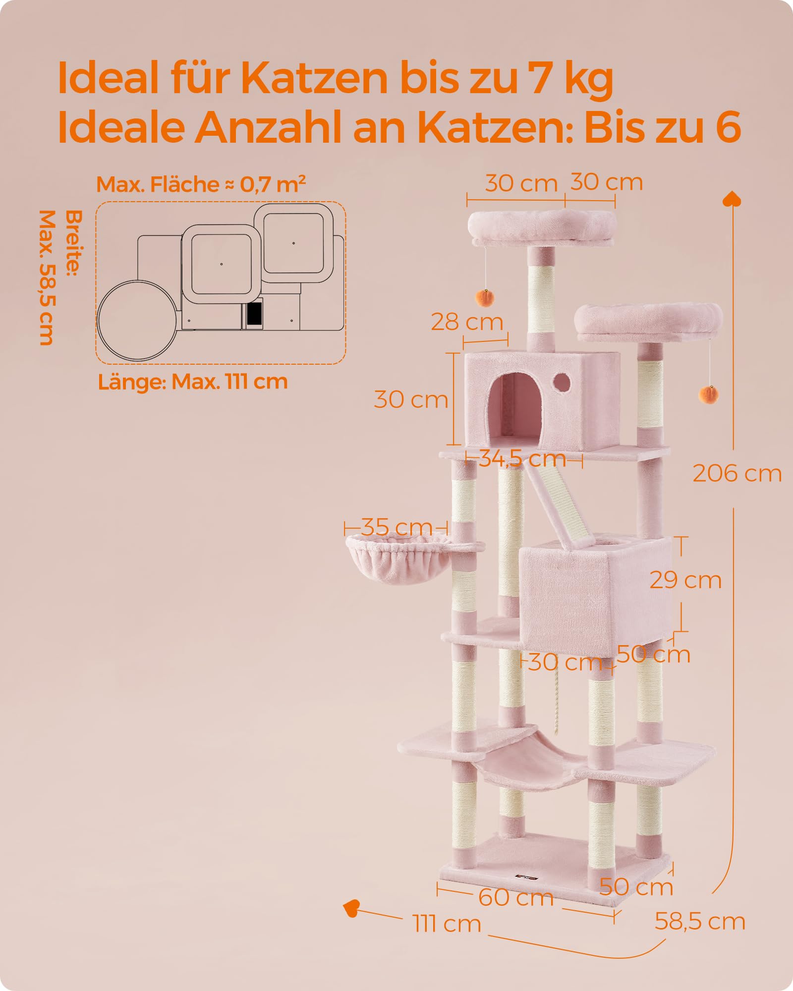 Feandrea Kratzbaum groß, 203,5 cm hoch, XXL Katzenbaum, mit 13 Kratzsäulen, 2 Plattformen, 2 Höhlen, Korb, Hängematte, Plüschbälle, mehrstöckiger Katzenkratzbaum, rauchgrau PCT190G01