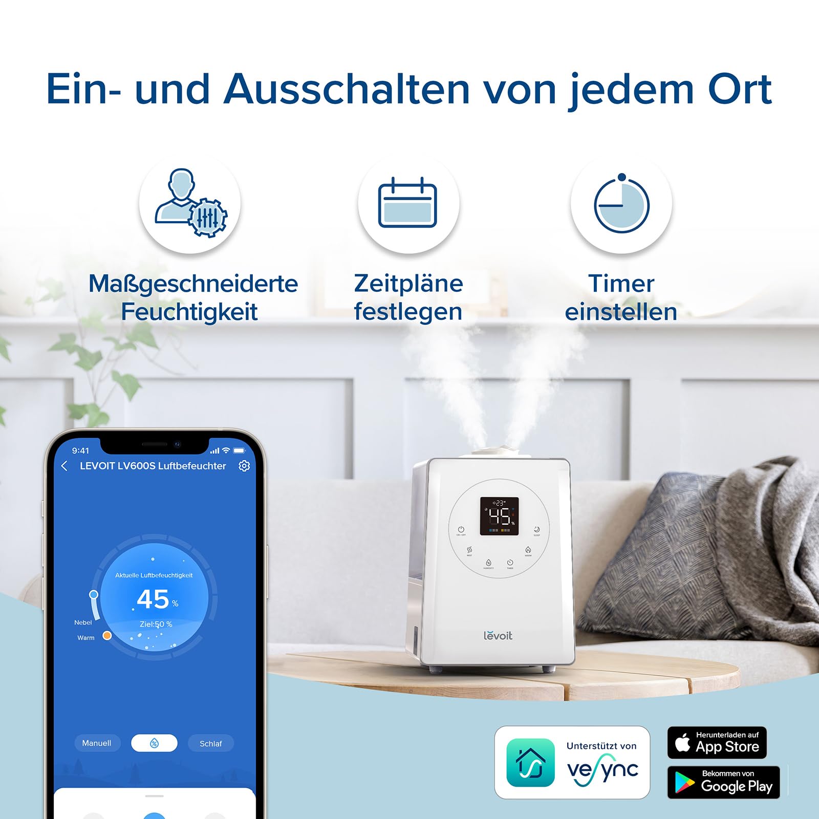 Levoit Luftbefeuchter Schlafzimmer, 23dB leise Humidifier, Top-Fill für Baby, bis 25H, Raumbefeuchter mit 360 grad Drehdüse für Kinderzimmer, Pflanzen, Auto Shut-off, 2,5 L, Weiß