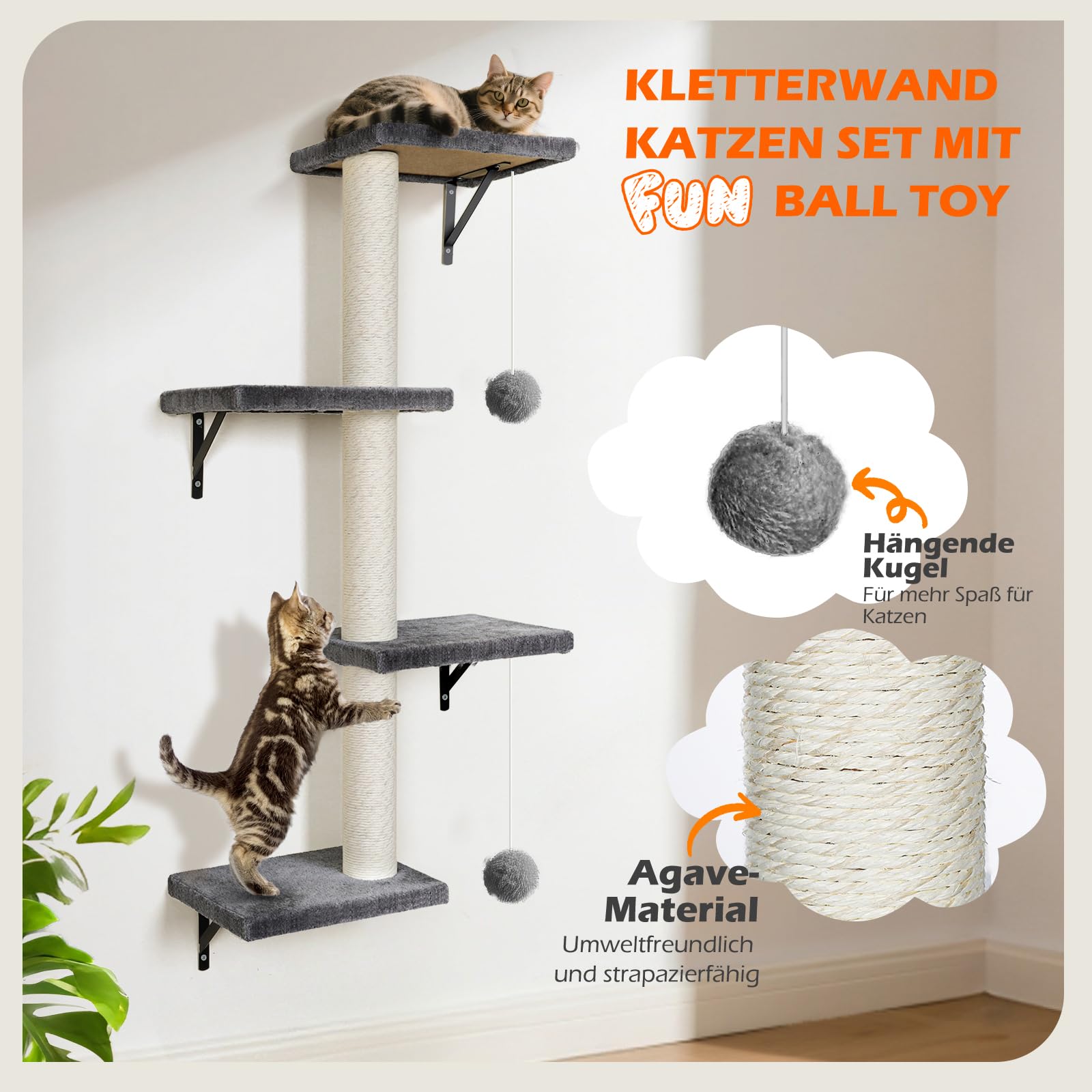Kletterwand Katzen 10-teilig, Wandmontage Katzenmöbel Set mit Katzenbrücke, Katzenhaus, Kratzbaum & Hängematte, Stabiler Katzentreppe bis 10 kg, Beige