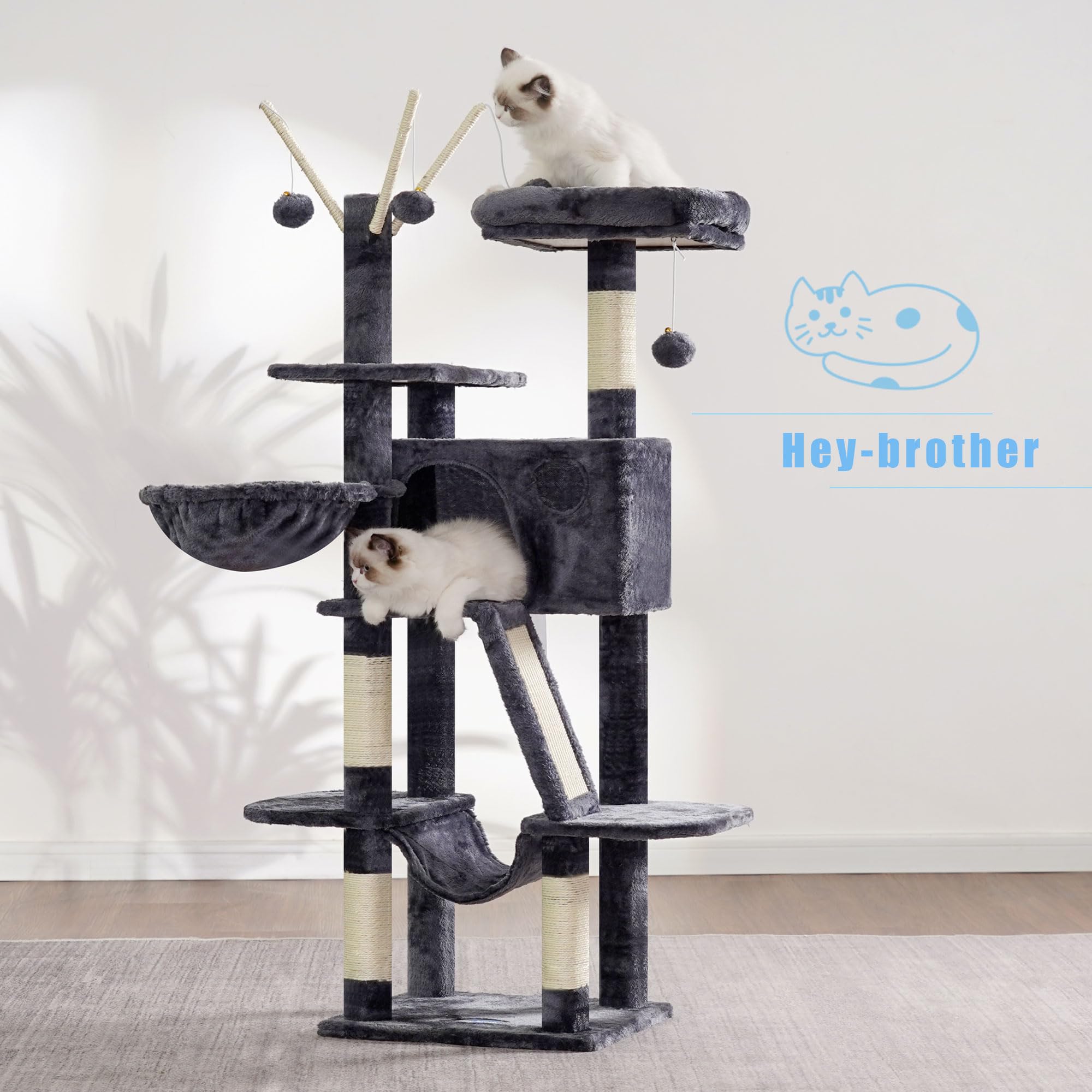 Hey-Brother Kratzbaum, 135 cm Indoor Katzenbaum, Mit gepolsterter Plattform Bett, Spielzeug Ball, Höhlen, Hängematte und Sisal Kratzbaum Katzenhaus, Hellgrau MPJ019-SW