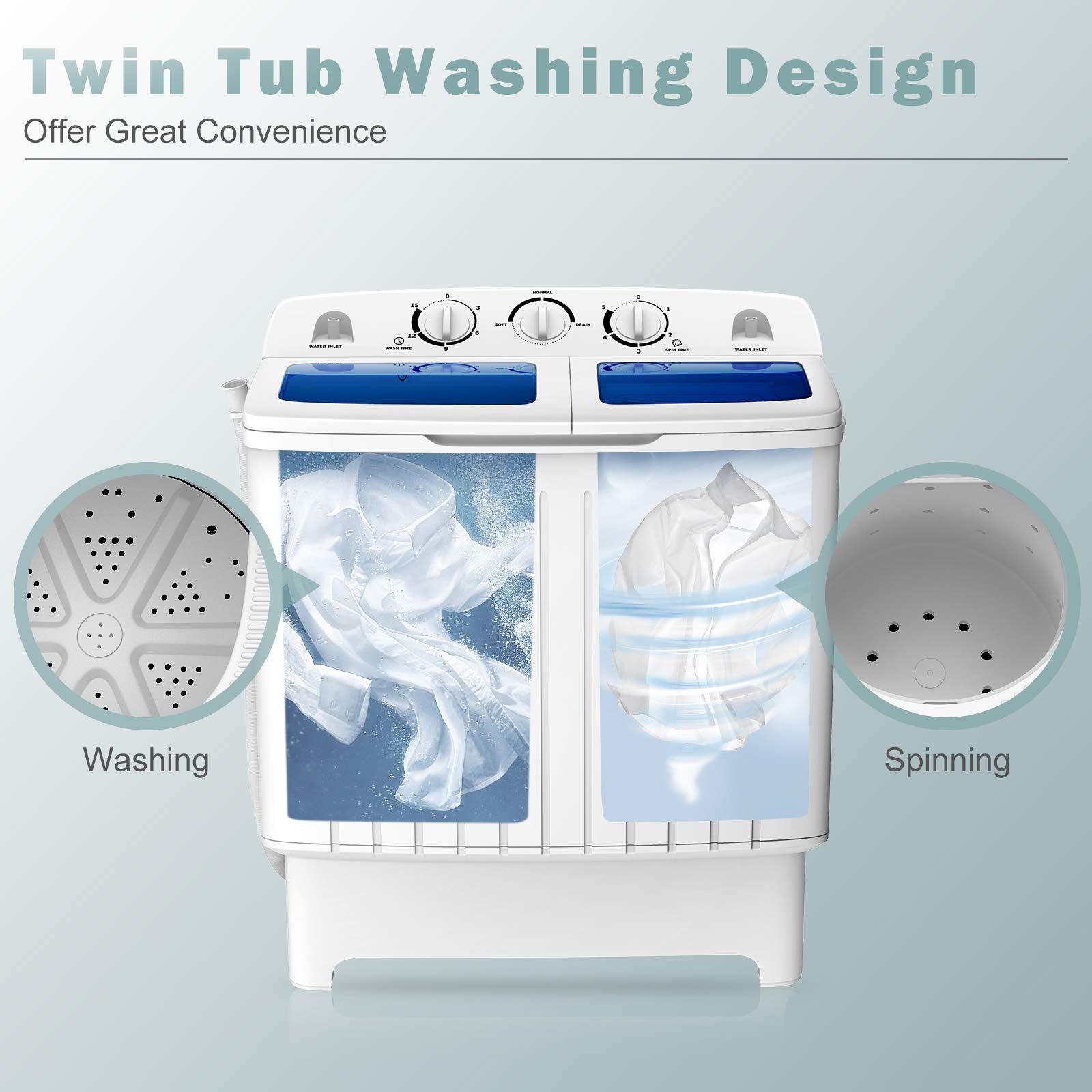 COSTWAY Portable Washing Machine, Twin Tub 20 Lbs Capacity, Compact Laundry Washer(12 Lbs) and Spinner(8 Lbs), Durable Design, Timer Control, Perfect for RV, Apartments and Dorms, Blue+White
